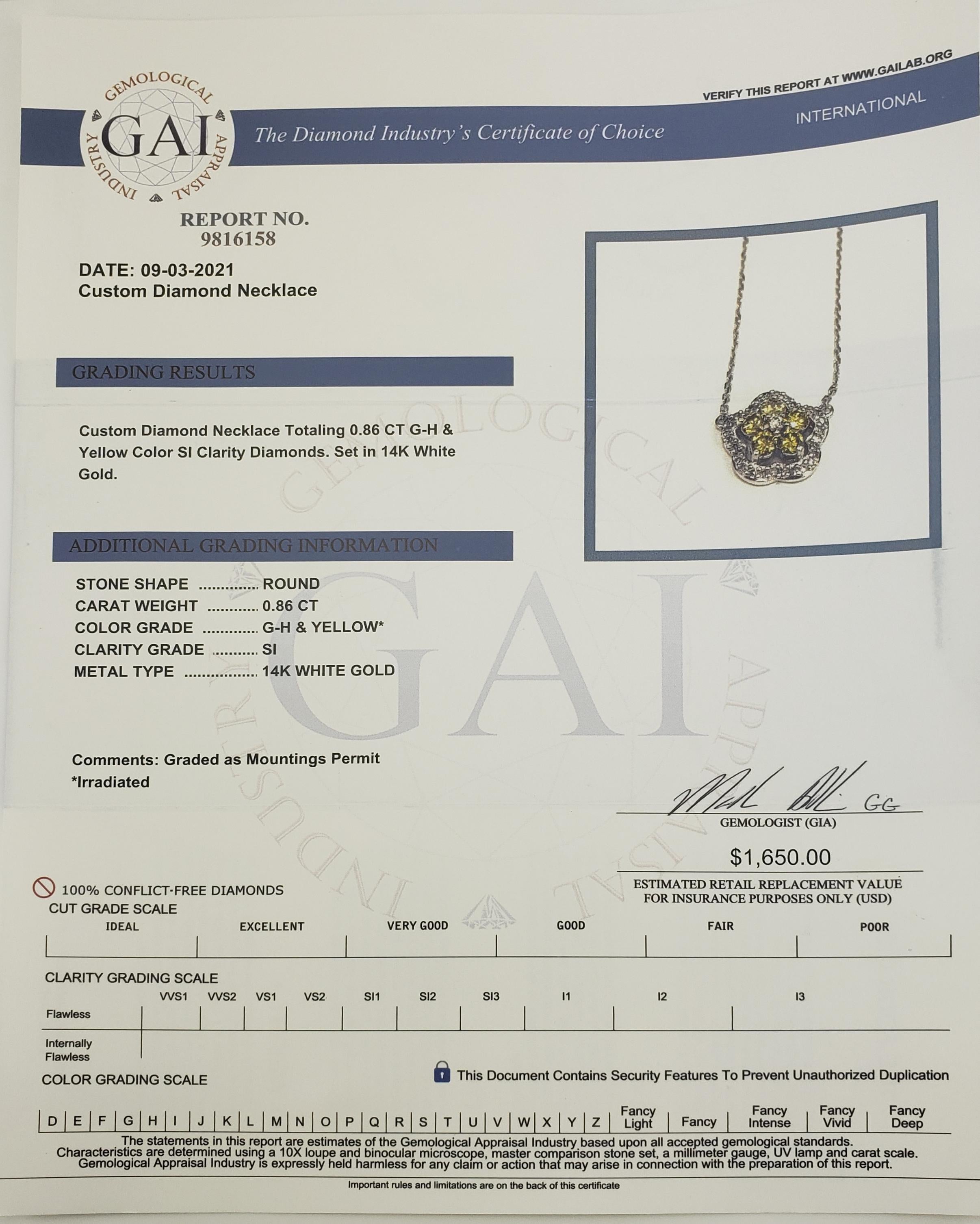 14 Karat Yellow and White Gold and Diamond Pendant Necklace GAI Certified For Sale 1
