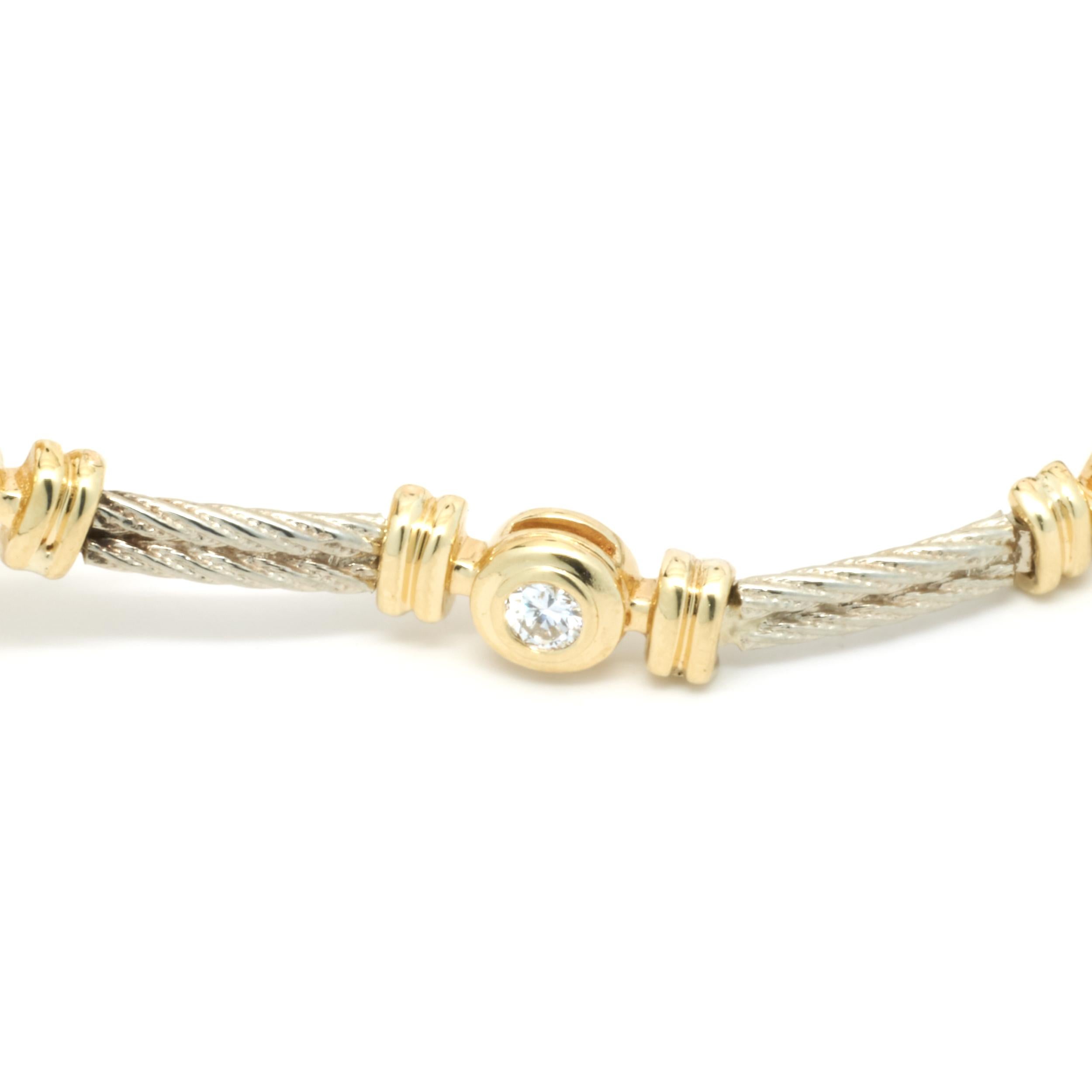 Round Cut 14 Karat Yellow and White Gold Bezel Set Diamond Cross Bracelet