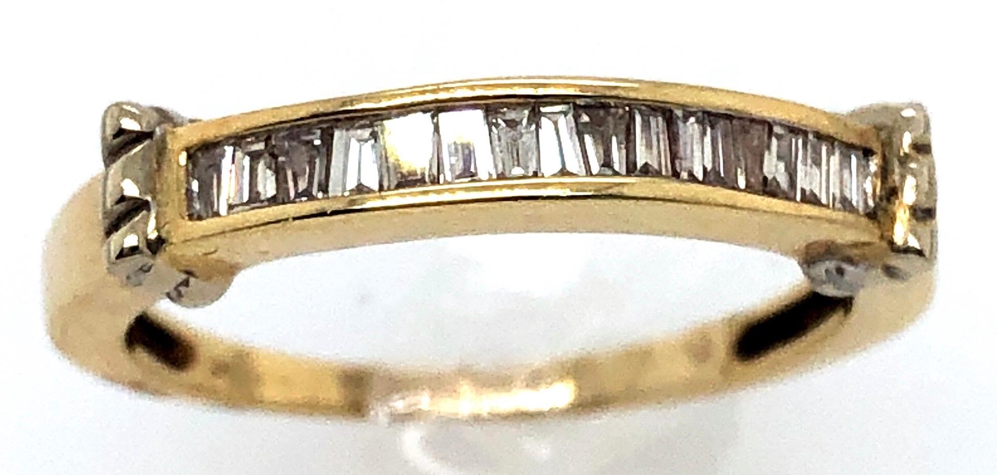 Modern 14 Karat Yellow and White Gold Bridal Band Ring with Baguette Diamonds For Sale