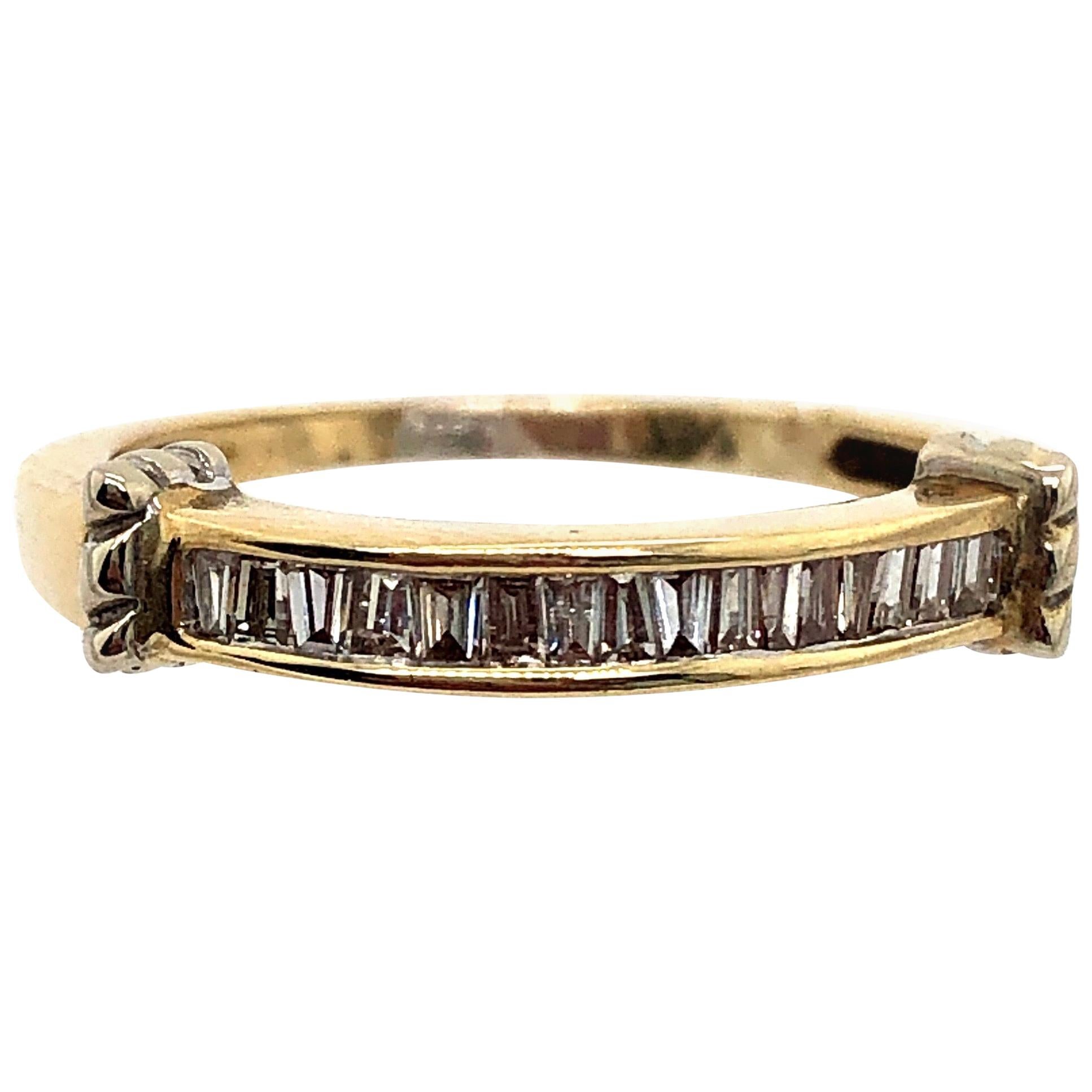 14 Karat Yellow and White Gold Bridal Band Ring with Baguette Diamonds For Sale