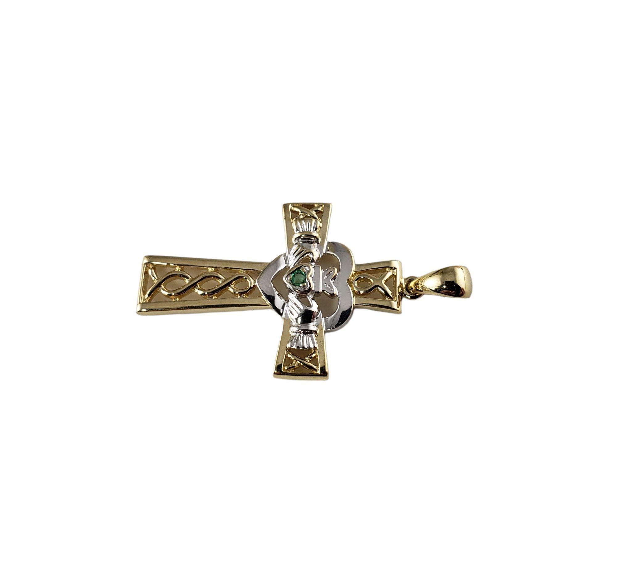 14 Karat Yellow and White Gold Claddagh Cross Pendant In Good Condition For Sale In Washington Depot, CT