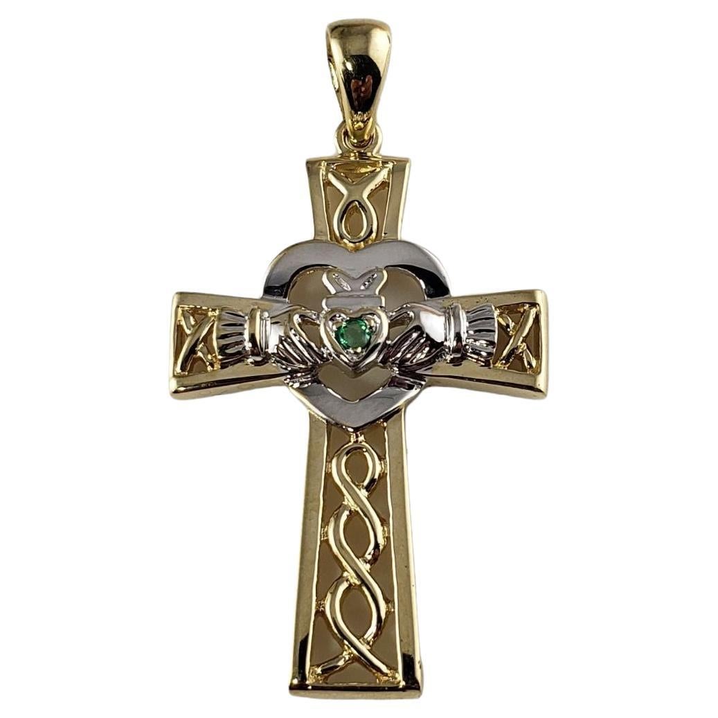 14 Karat Yellow and White Gold Claddagh Cross Pendant For Sale