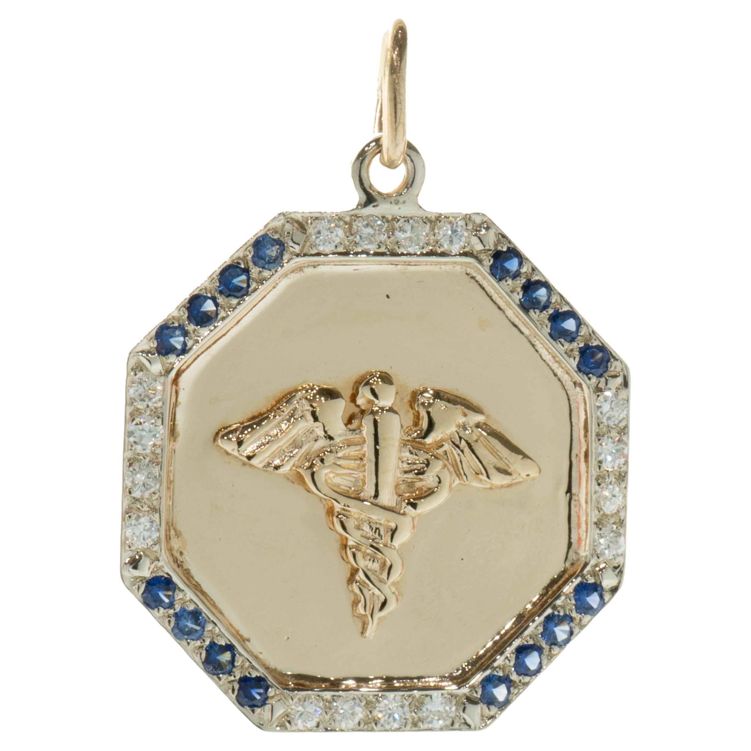 Colgante de oro amarillo y blanco de 14 quilates con diamantes y zafiro Medic
