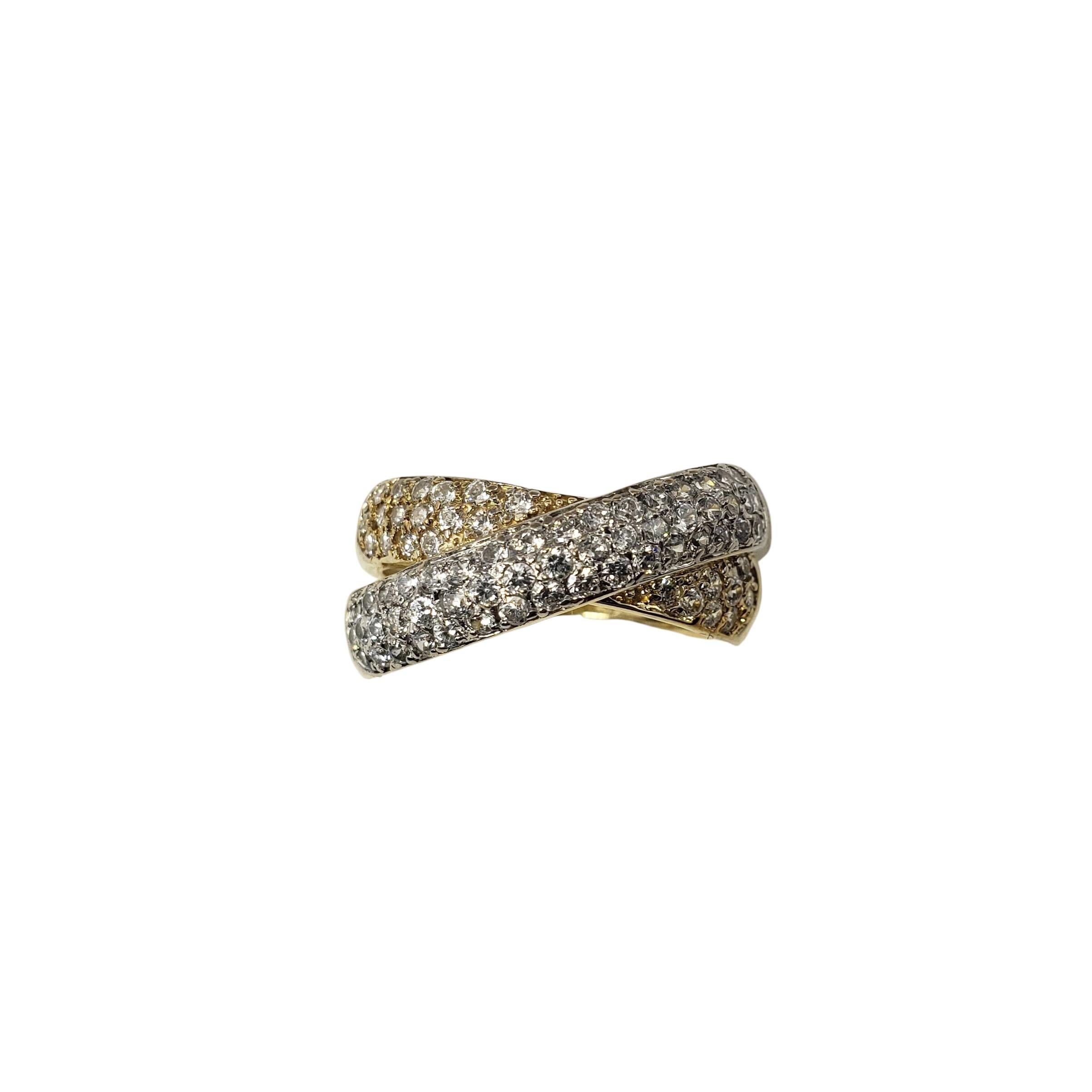 This sparkling double band ring features 73 round brilliant cut diamond set in classic 14K yellow gold. 

Width: 9 mm. Shank: 3 mm.

Approximate total diamond weight: 1.00 - 1.10 ct.

Diamond color: G

Diamond clarity: VS1

Size: 8.25

Weight: 4.1