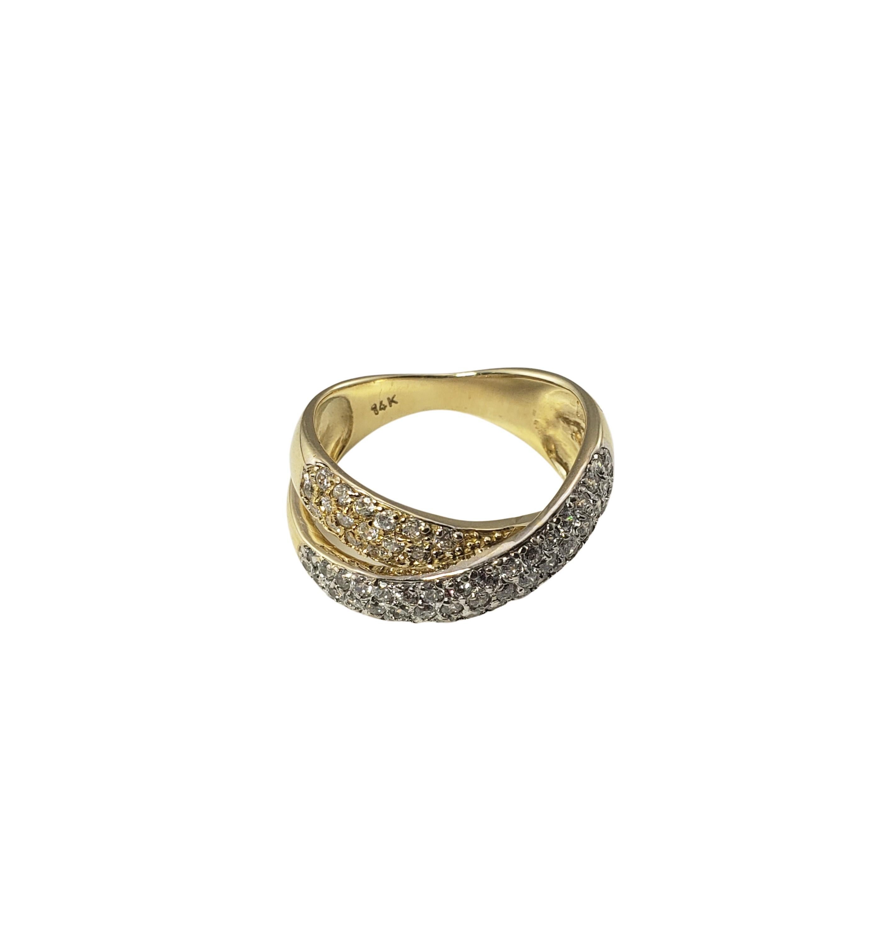 14 Karat Yellow and White Gold Diamond Cross Over Ring Size 8.25 #22460 In Good Condition For Sale In Washington Depot, CT