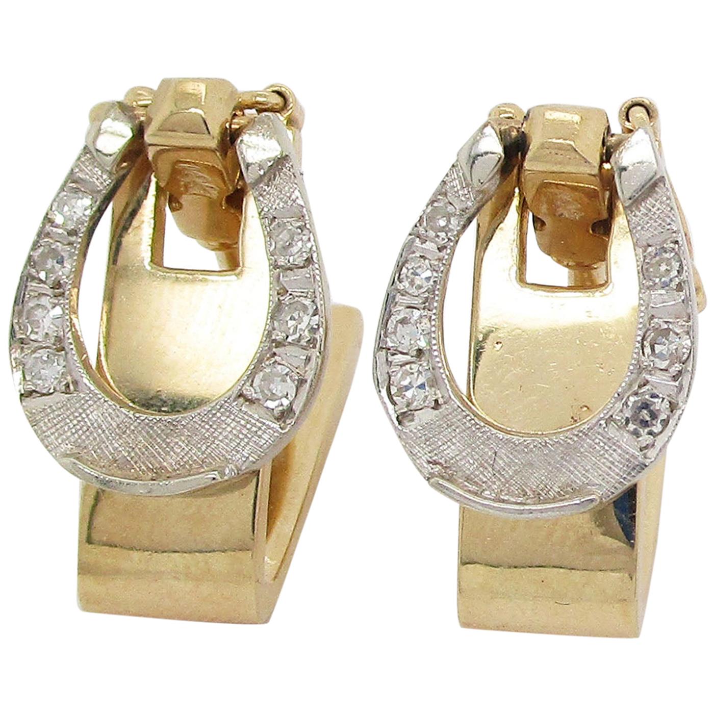 14 Karat Yellow and White Gold Diamond Horseshoe Cufflinks