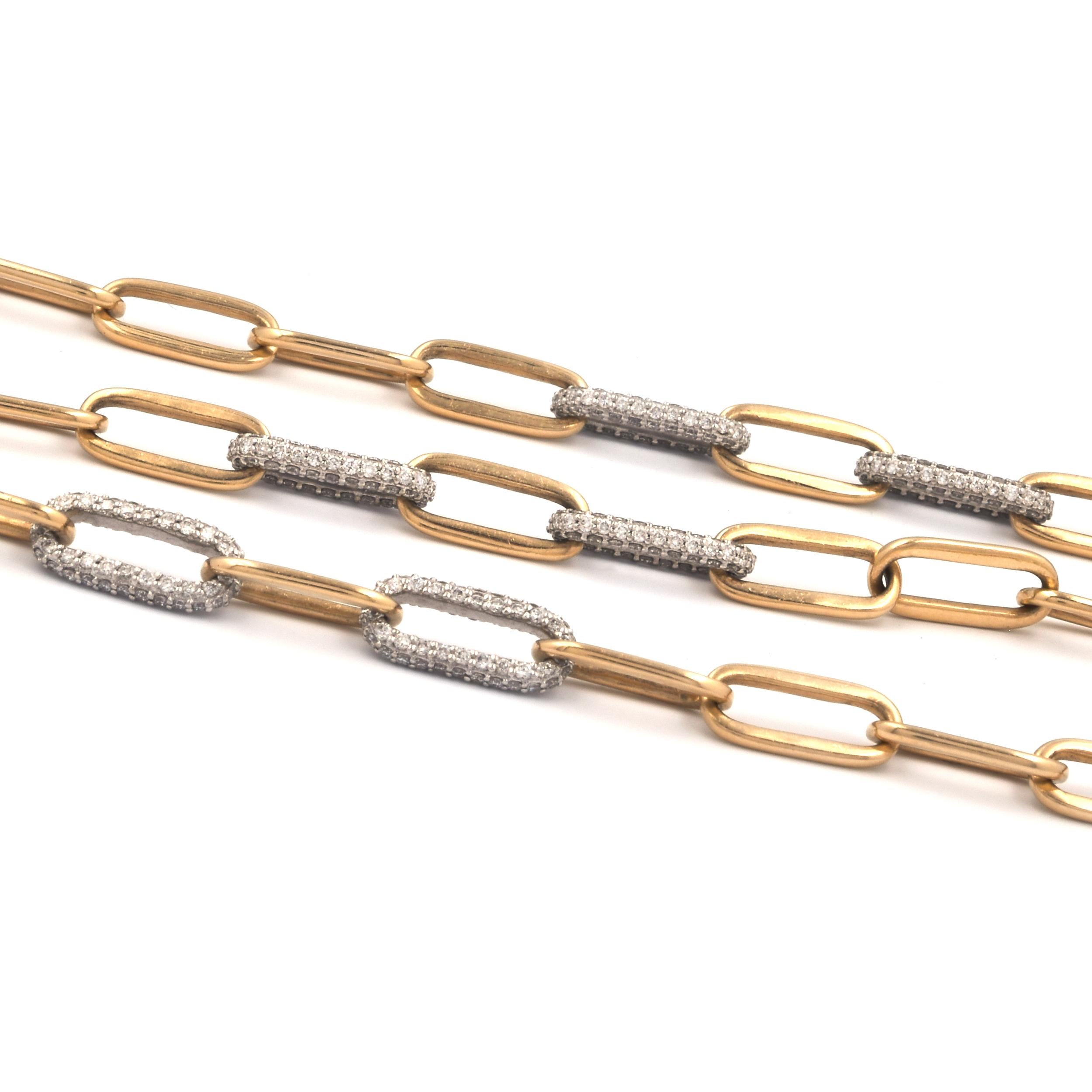 14 Karat Gelb- und Weißgold Diamant-Büroklammer-Glieder-Halskette (Rundschliff)