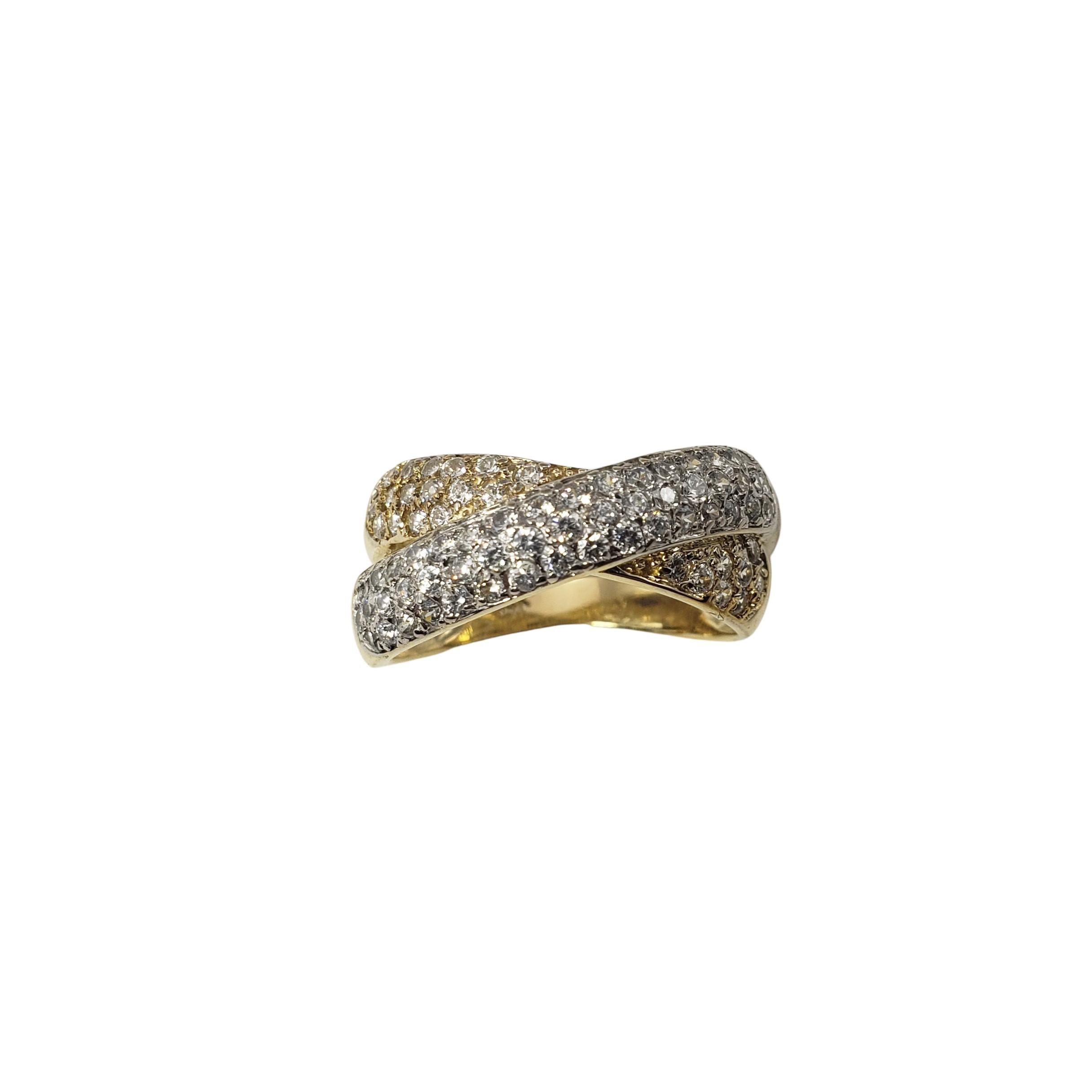 14 Karat Yellow and White Gold Diamond Ring Size 8.25-

This sparkling double band ring features 73 round brilliant cut diamond set in classic 18K yellow gold.  Width:  9 mm.  Shank:  3 mm.

Approximate total diamond weight:  1.10 ct.

Diamond