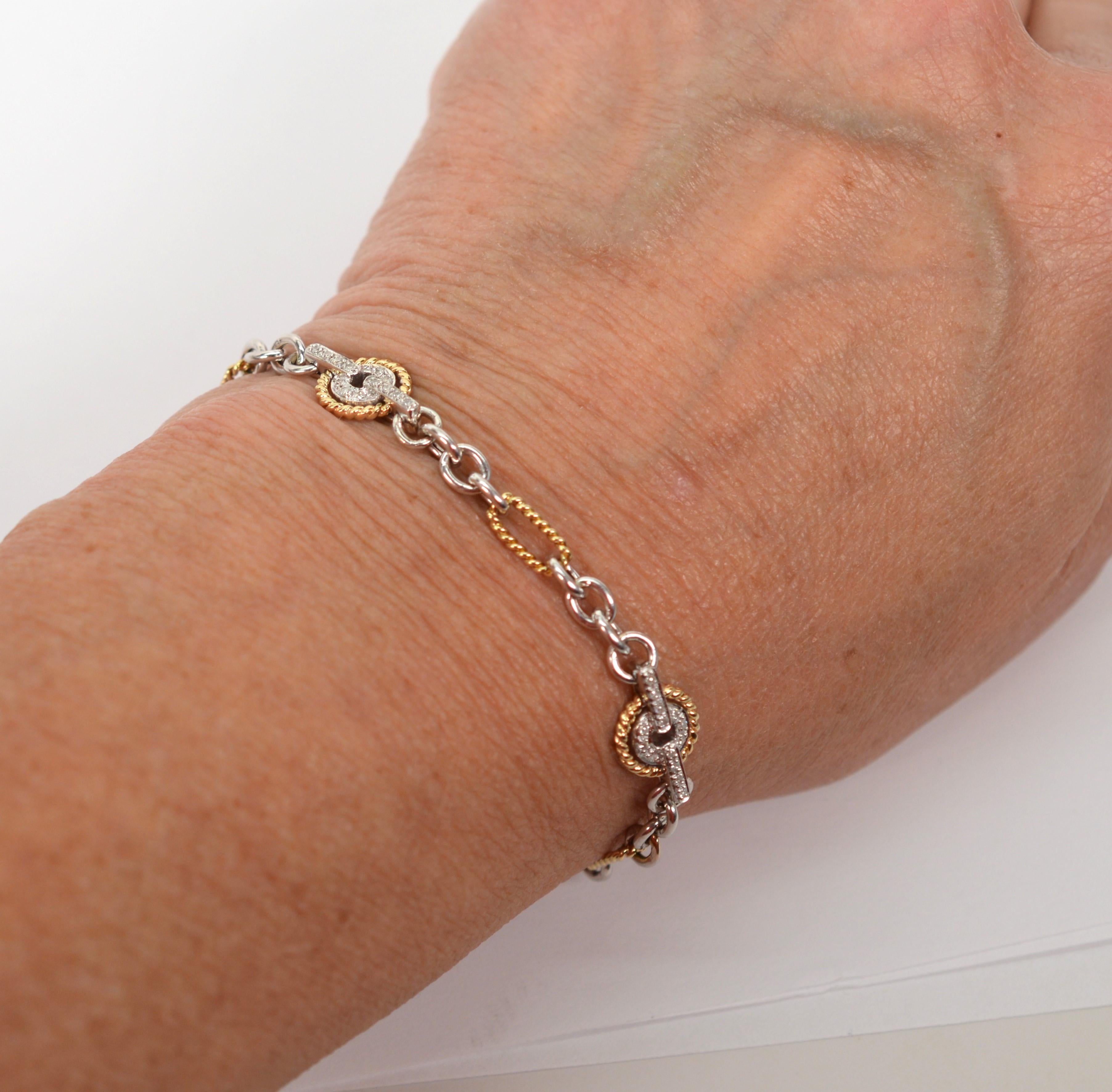 14 Karat Yellow and White Gold Diamond Station Bracelet In Excellent Condition In Mount Kisco, NY