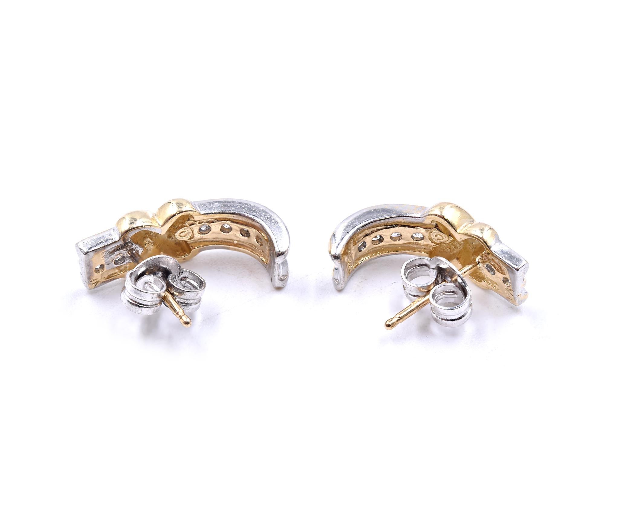 Material: 14K yellow and white gold 
Diamonds: 12 round cut = .12cttw
Color: H
Clarity: SI2
Dimensions: earrings measure 16.5 X 6mm
Weight: 3.32 grams