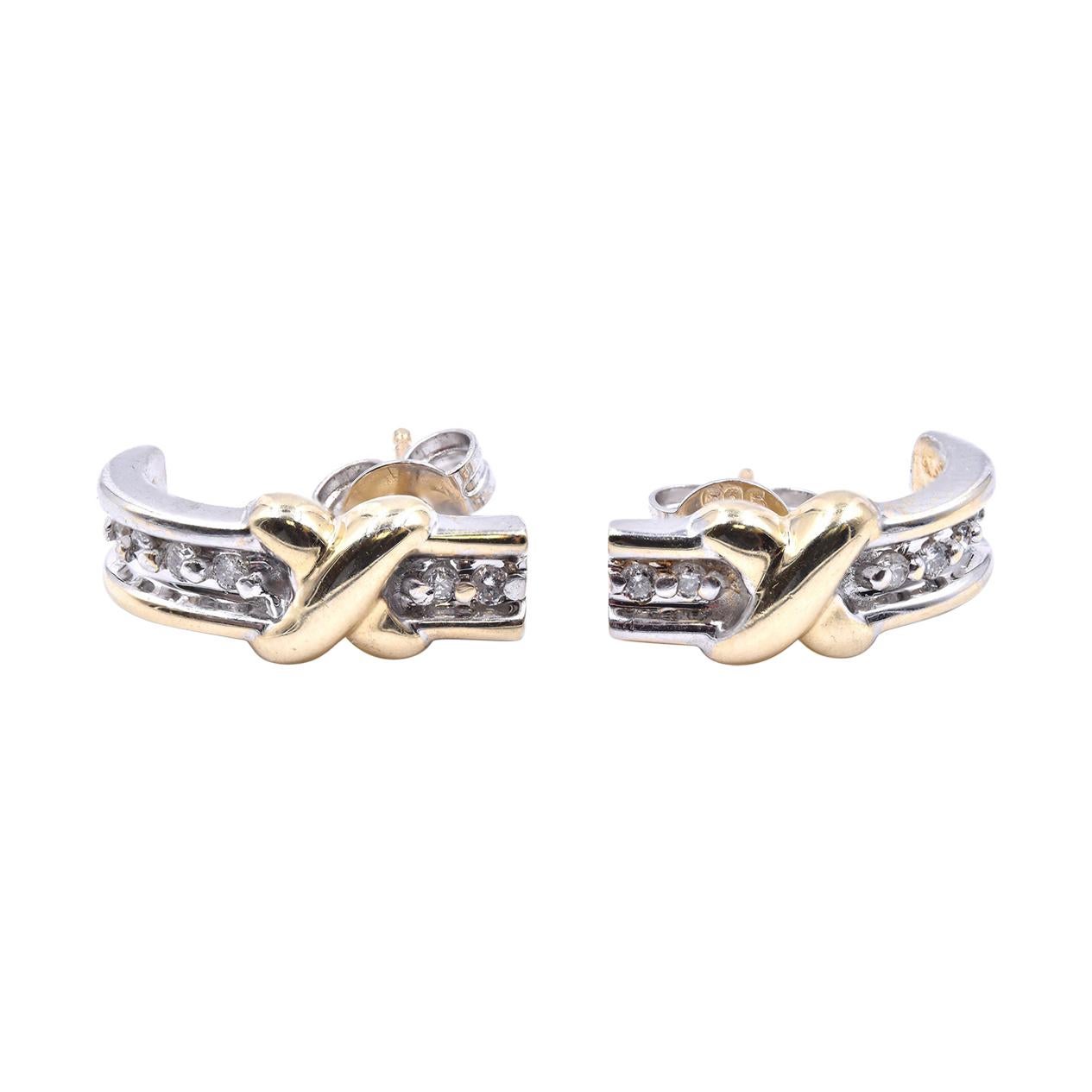 14 Karat Yellow and White Gold Diamond X Earrings For Sale