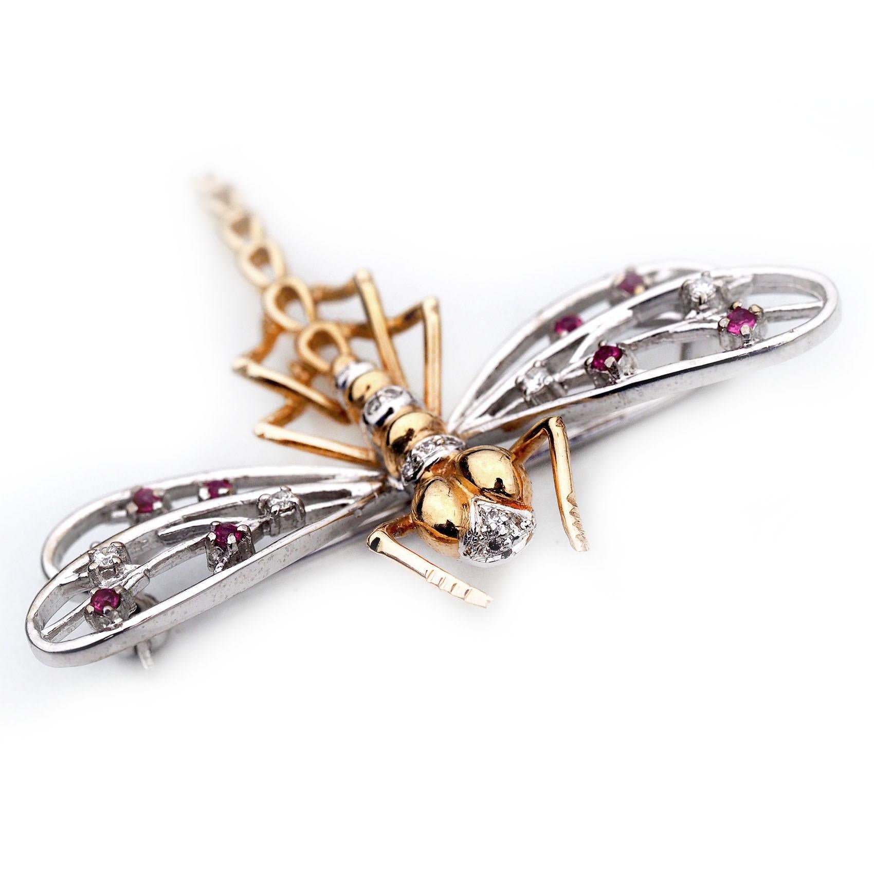 Modern 14 Karat Yellow and White Gold Dragonfly Pin with Rubies and Diamonds