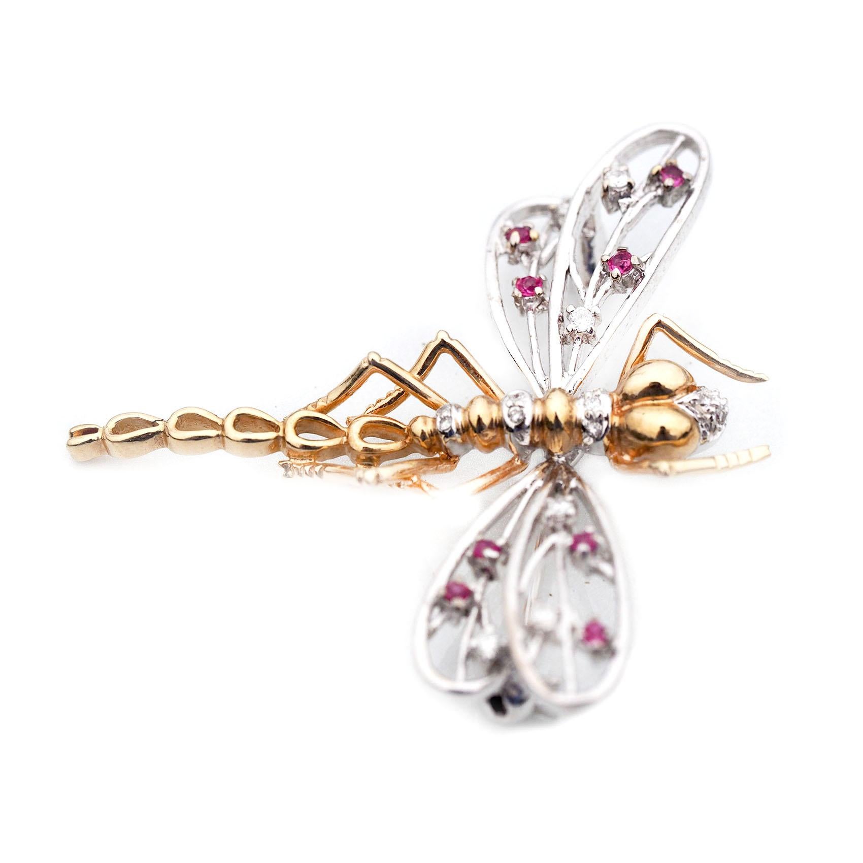 Round Cut 14 Karat Yellow and White Gold Dragonfly Pin with Rubies and Diamonds