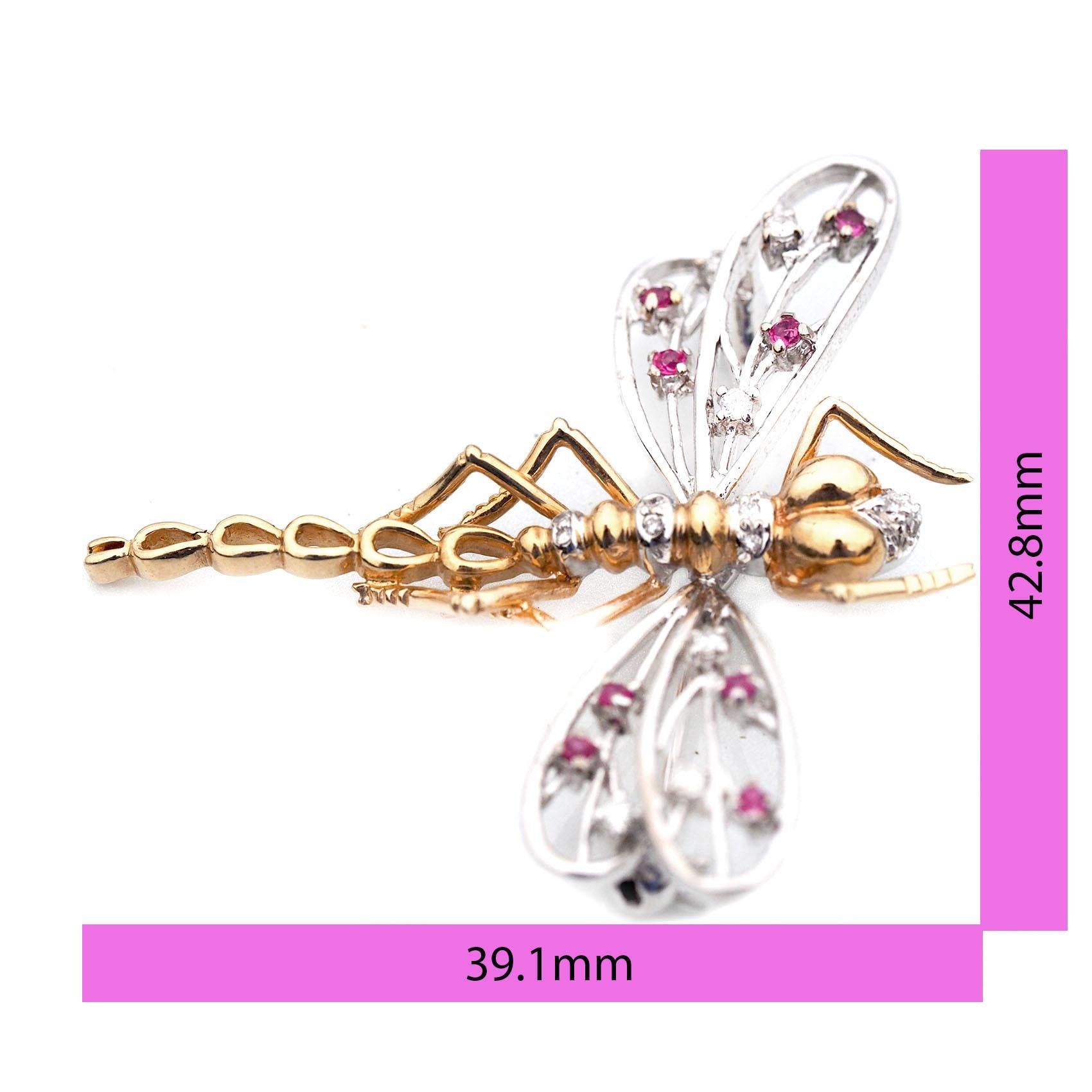 14 Karat Yellow and White Gold Dragonfly Pin with Rubies and Diamonds In Good Condition In Addison, TX