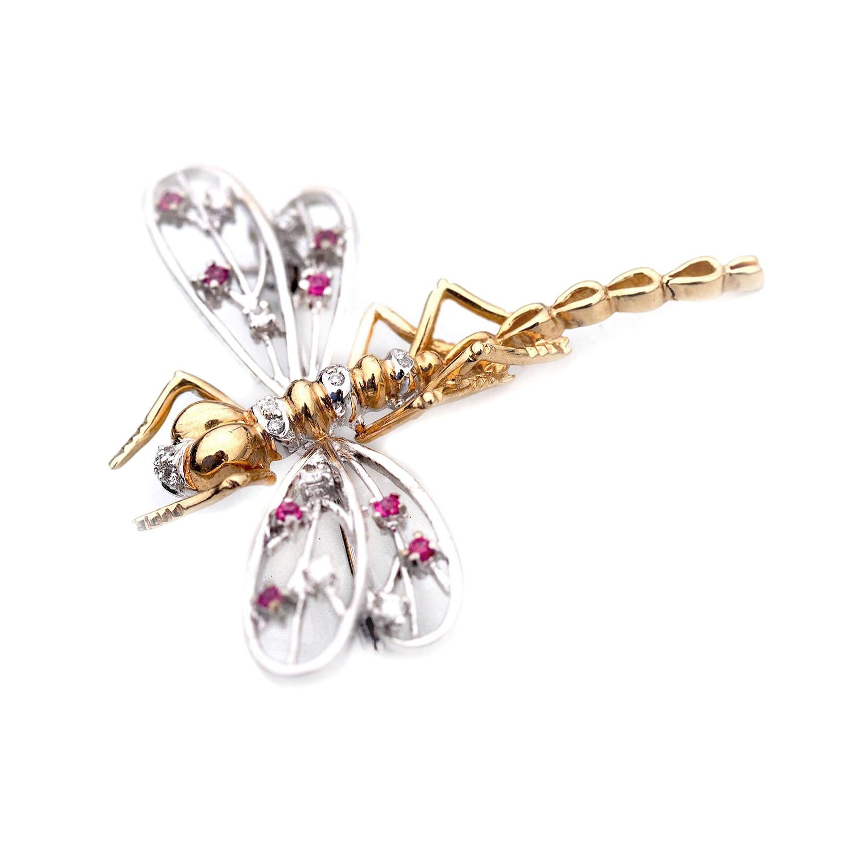 Women's or Men's 14 Karat Yellow and White Gold Dragonfly Pin with Rubies and Diamonds