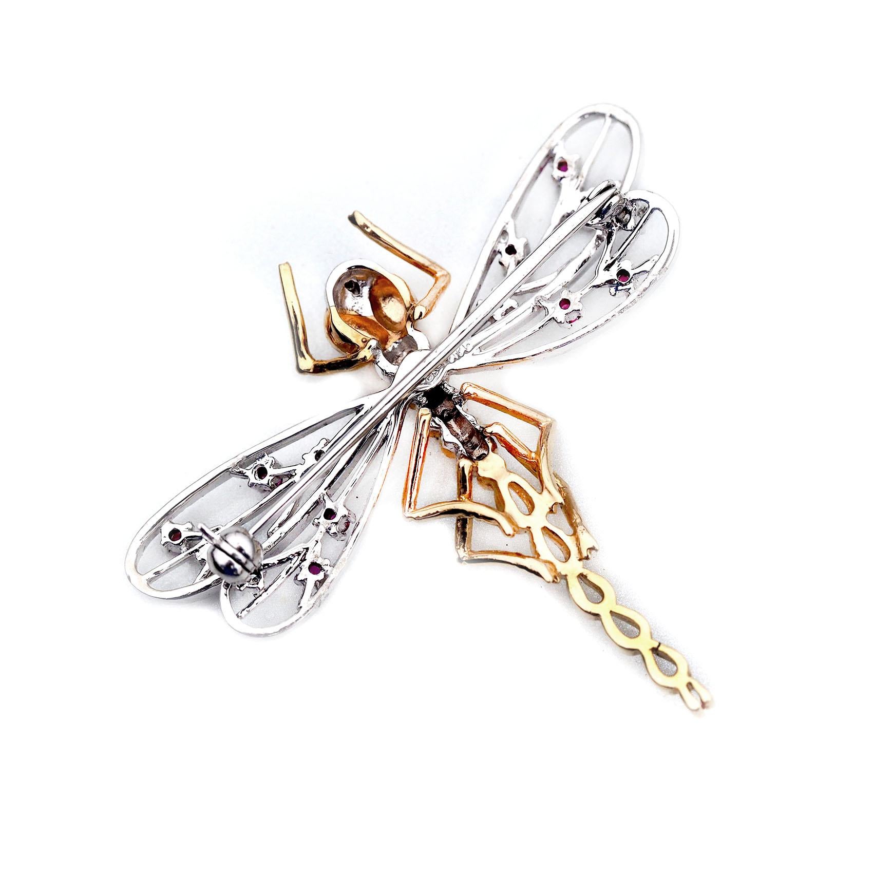 14 Karat Yellow and White Gold Dragonfly Pin with Rubies and Diamonds 1