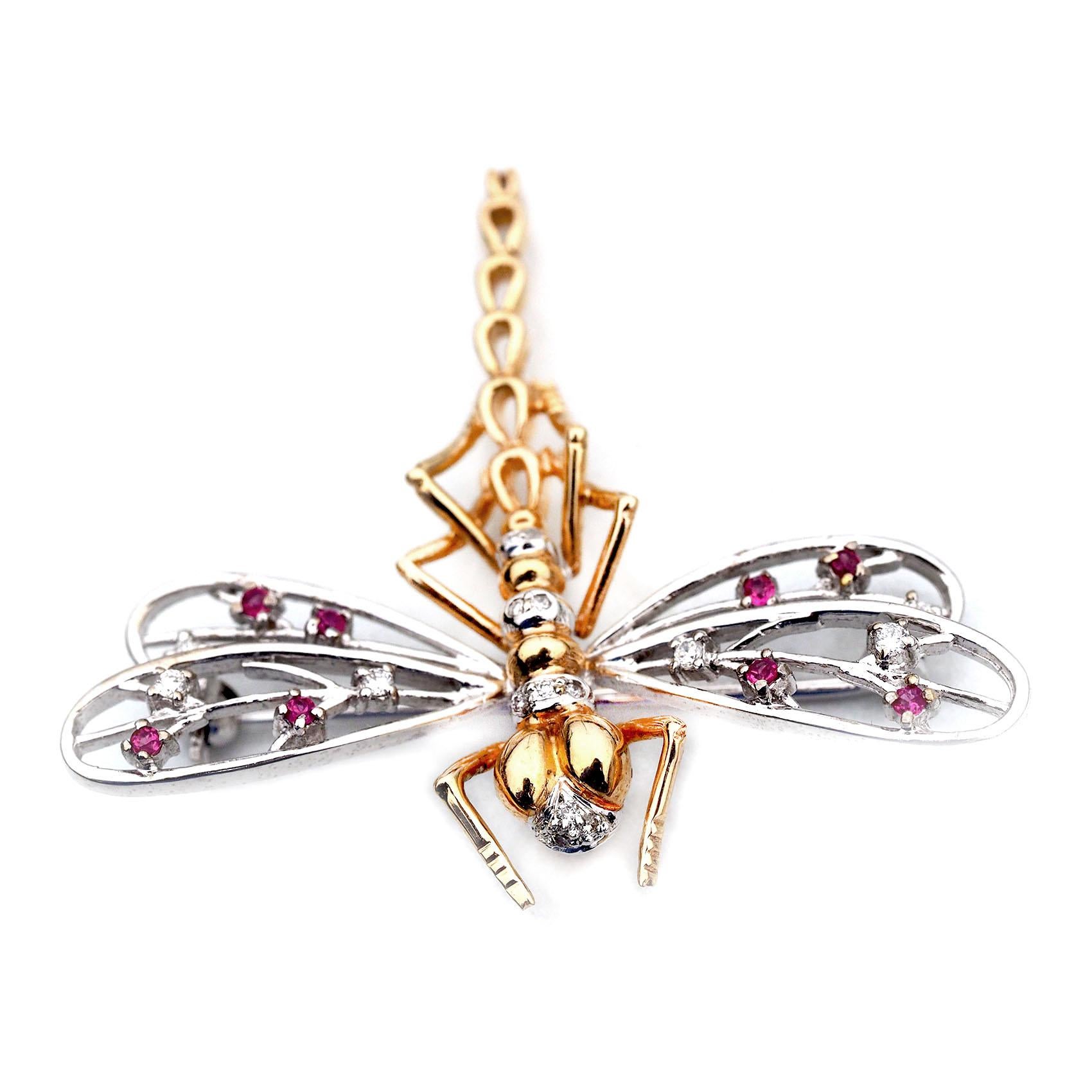 14 Karat Yellow and White Gold Dragonfly Pin with Rubies and Diamonds 2
