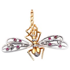 Vintage 14 Karat Yellow and White Gold Dragonfly Pin with Rubies and Diamonds