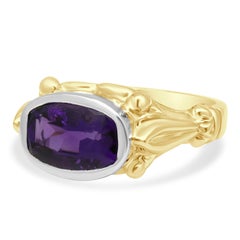 14 Karat Yellow and White Gold Elongated Cushion Cut Amethyst Solitaire Cocktail