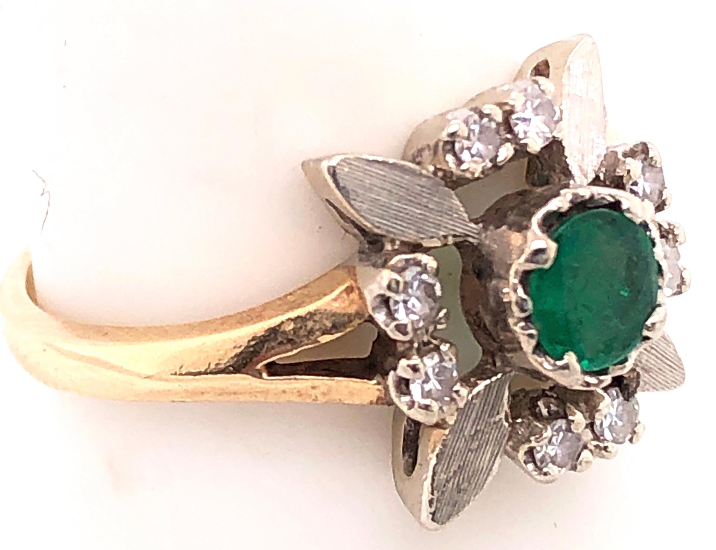Round Cut 14 Karat Yellow and white Gold Emerald Solitaire with Diamond Accents Ring For Sale