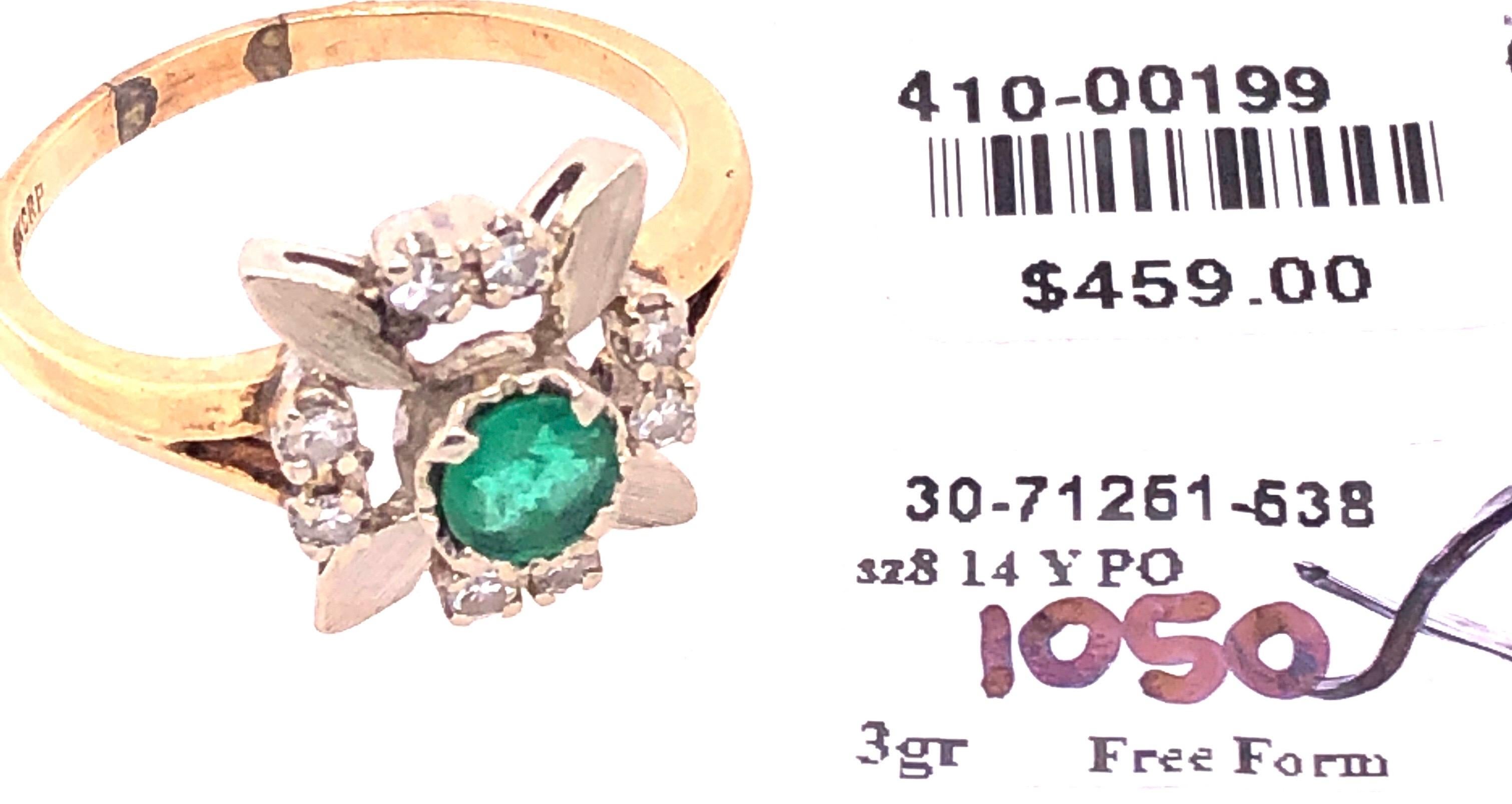 14 Karat Yellow and white Gold Emerald Solitaire with Diamond Accents Ring For Sale 2