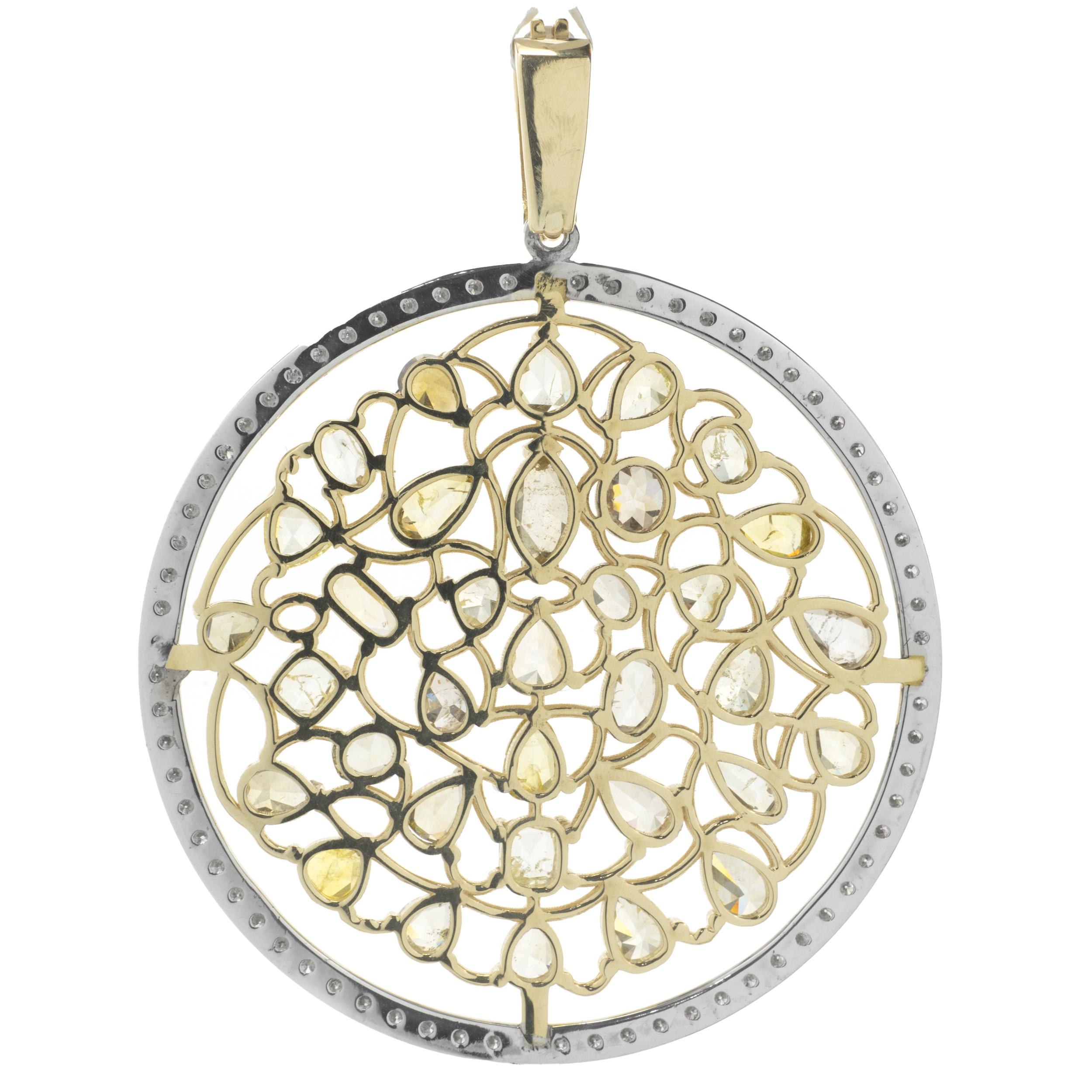 Designer: custom 
Material: 14K yellow and white gold
Diamonds: 35 fancy cut = 4.92cttw
Color: Chocolate - Champagne
Clarity: SI2
Diamonds: round cut = 1.34cttw
Color: G
Clarity: VS2
Dimensions: pendant measures 51 X 40mm
Weight: 12.37 grams
