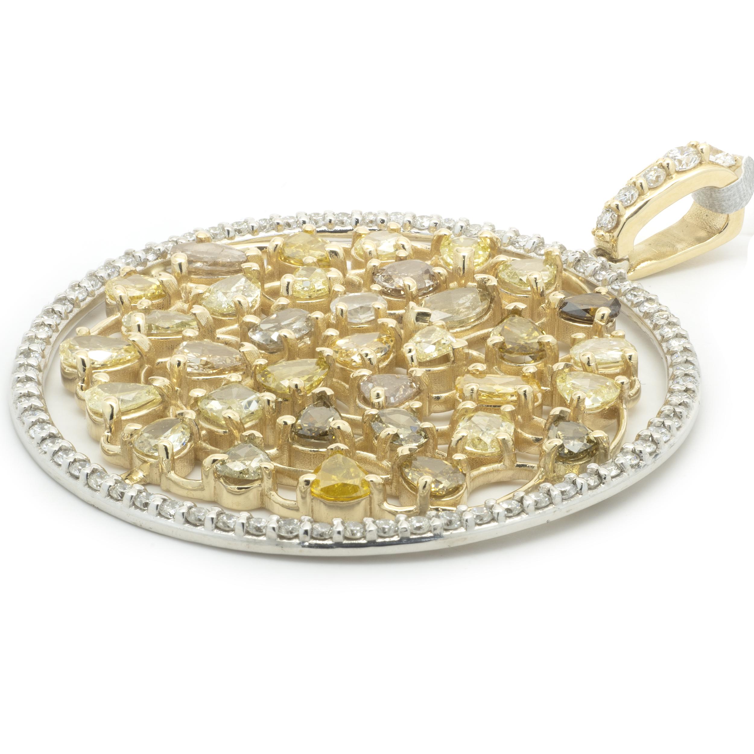 Round Cut 14 Karat Yellow and White Gold Fancy Diamond Circle Pendant with Diamond Halo