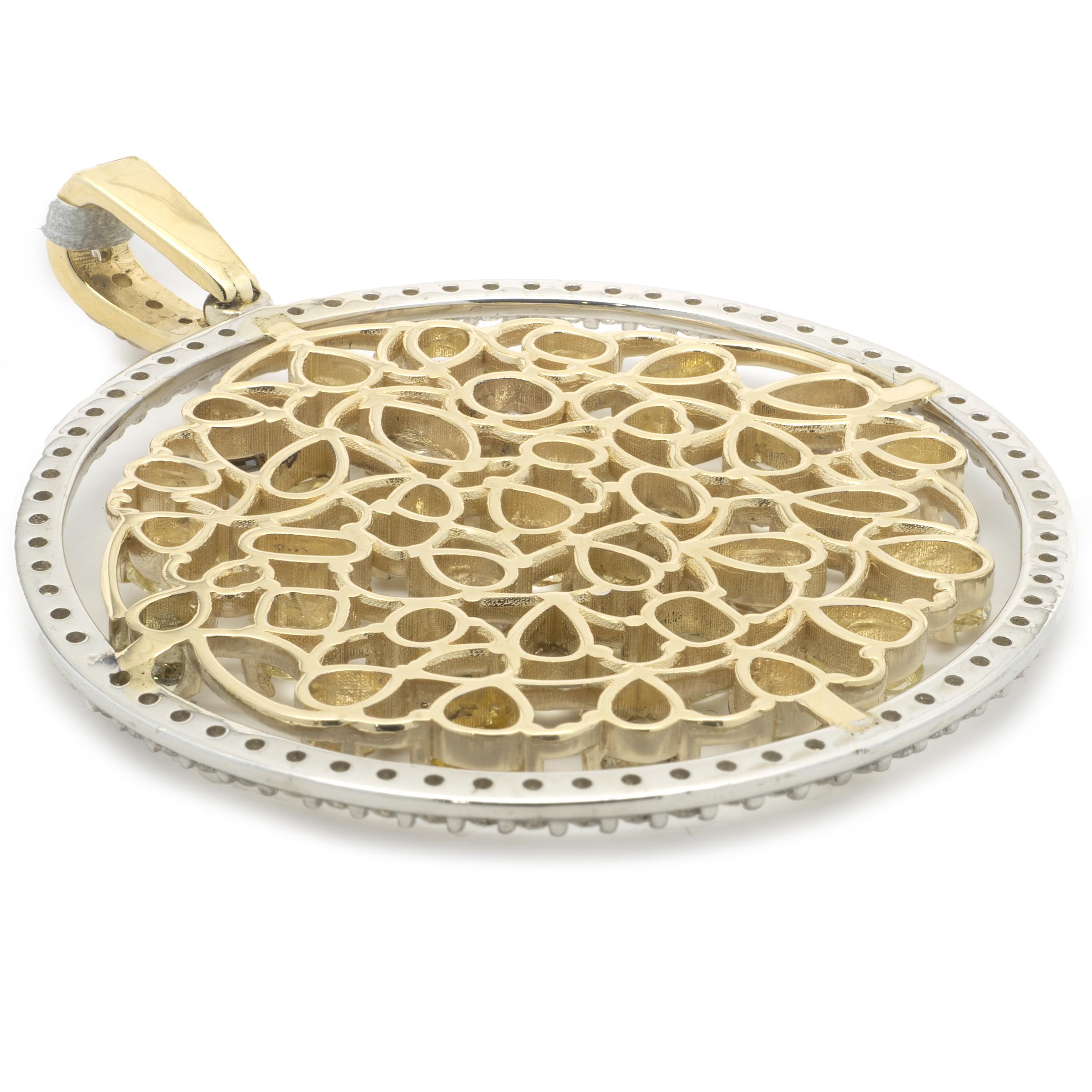 14 Karat Yellow and White Gold Fancy Diamond Circle Pendant with Diamond Halo In Excellent Condition In Scottsdale, AZ