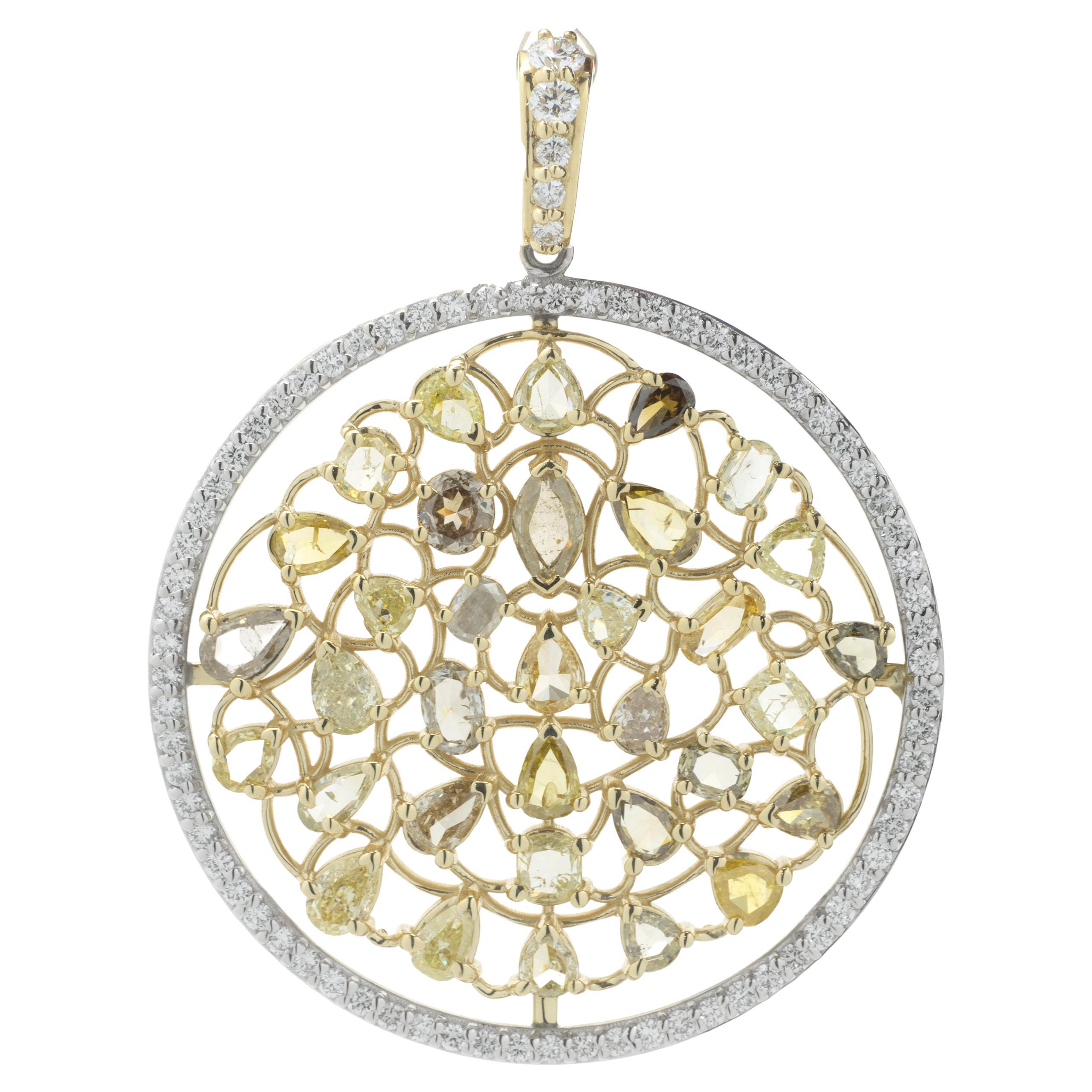 14 Karat Yellow and White Gold Fancy Diamond Circle Pendant with Diamond Halo