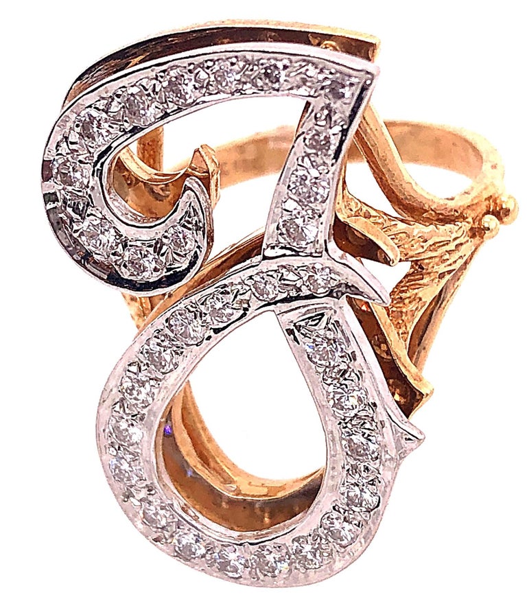14 Karat Yellow and White Gold Initial Style 'J' Diamond Studded Ring