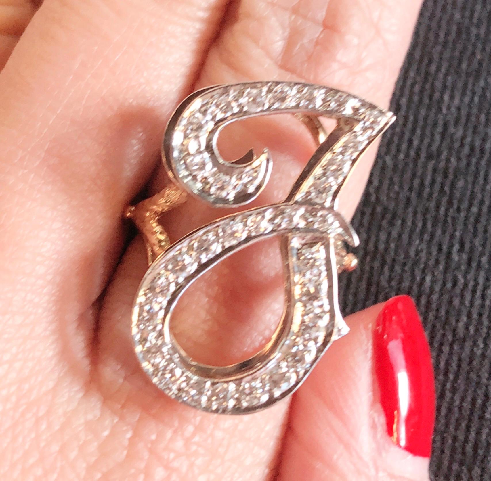 Modern 14 Karat Yellow and White Gold Initial Style 'J' Diamond Studded Ring For Sale