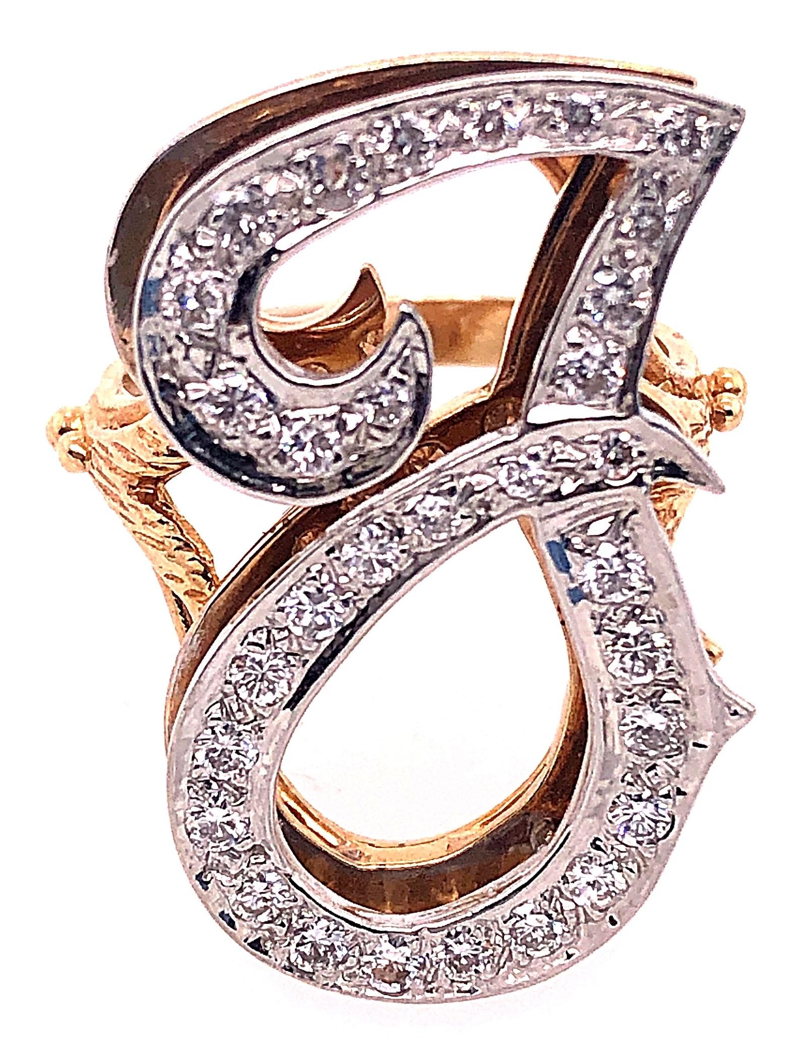 Round Cut 14 Karat Yellow and White Gold Initial Style 'J' Diamond Studded Ring For Sale