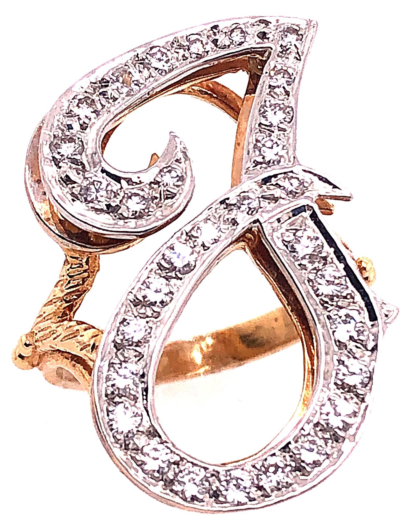 14 Karat Yellow and White Gold Initial Style 'J' Diamond Studded Ring In Good Condition For Sale In Manhasset, NY