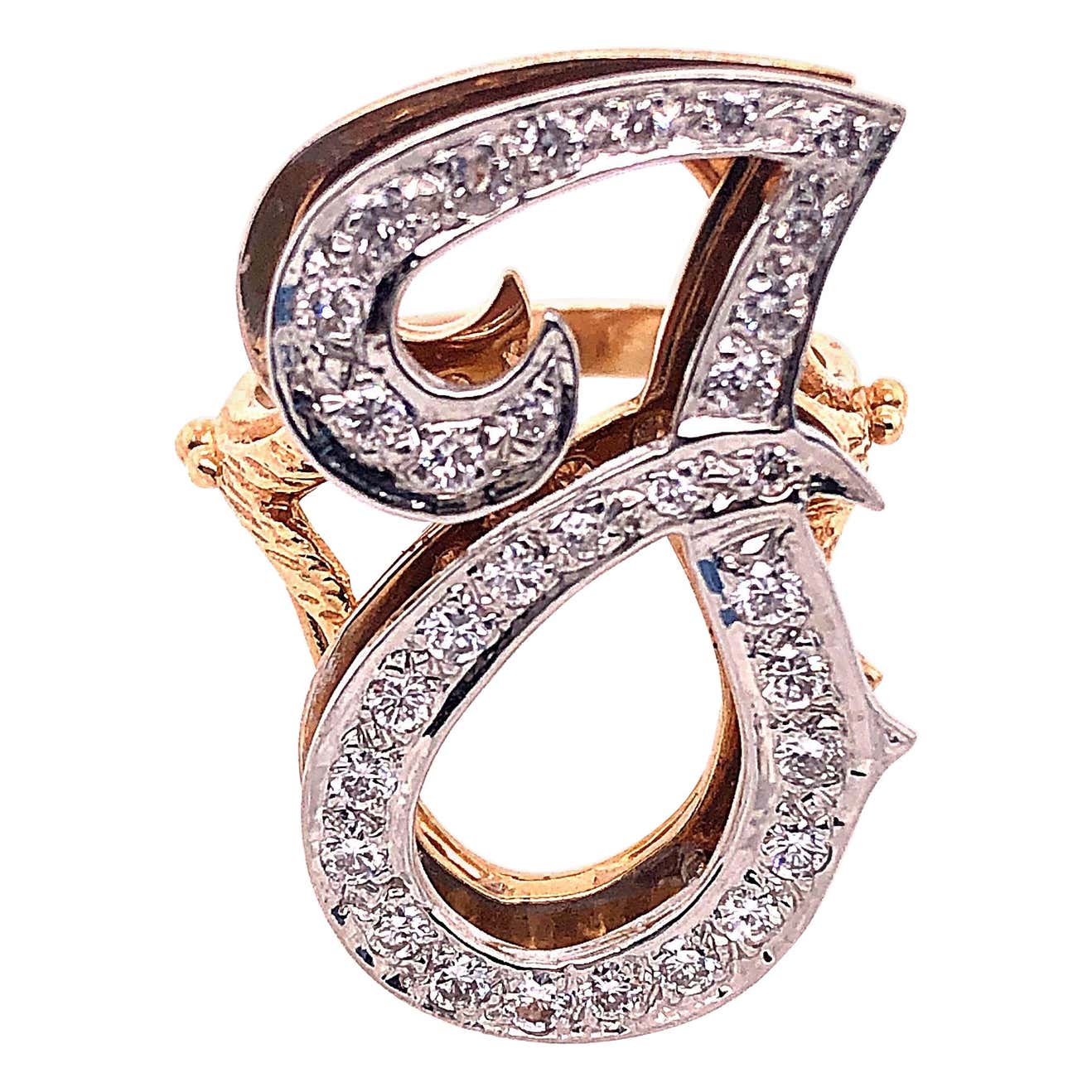 14 Karat Yellow and White Gold Initial Style 'J' Diamond Studded Ring ...