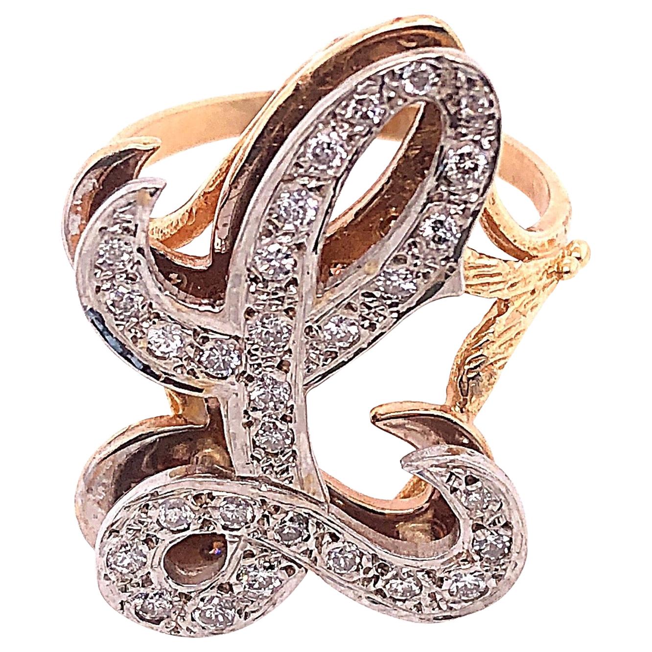 14 Karat Yellow and White Gold Initial Style 'L' Diamond Studded Ring For Sale