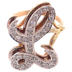 Bague cloutée en or jaune et blanc 14 carats de style initial « L » avec diamants