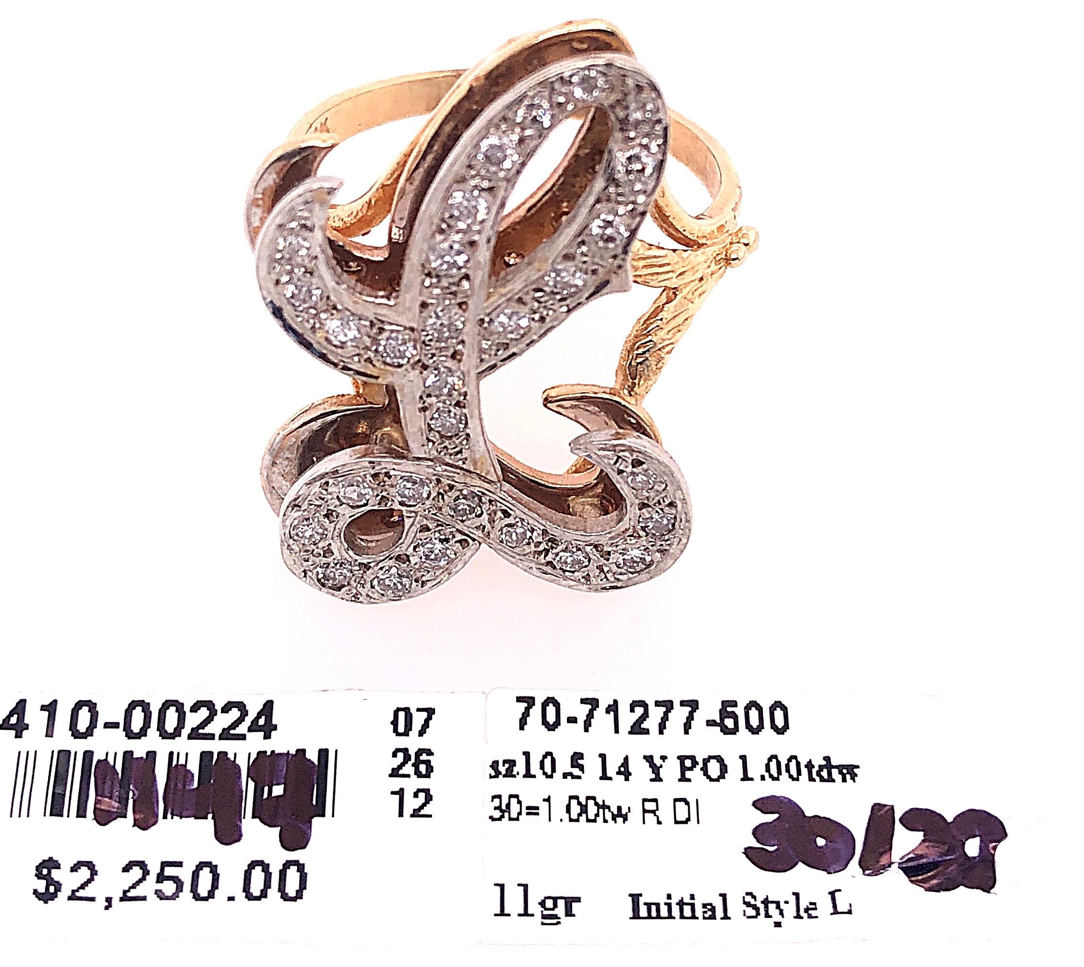14 Karat Yellow and White Gold Initial Style 'L' Diamond Studded Ring For Sale 3