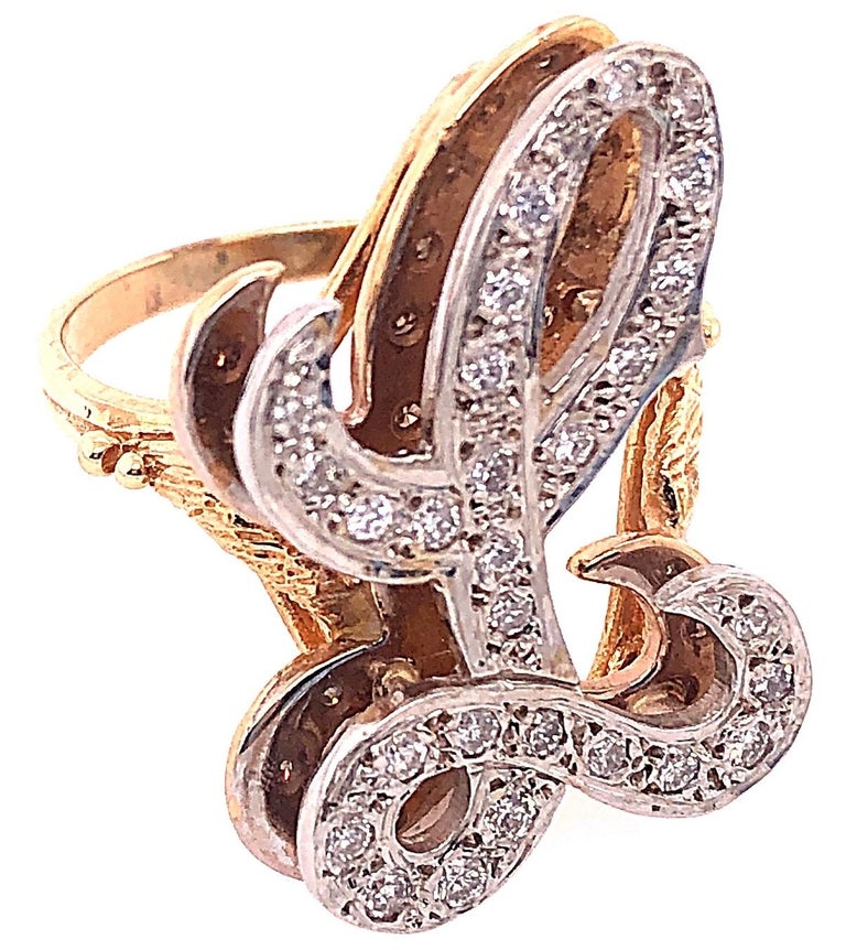 14 Karat Yellow and White Gold Initial Style 'L' Diamond Studded Ring