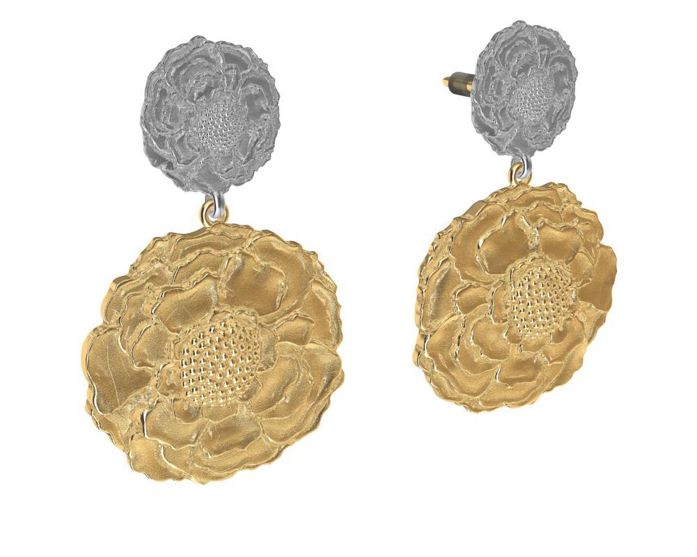 Contemporain Boucles d'oreilles fleur en or jaune et blanc 14 carats et or jaune en vente