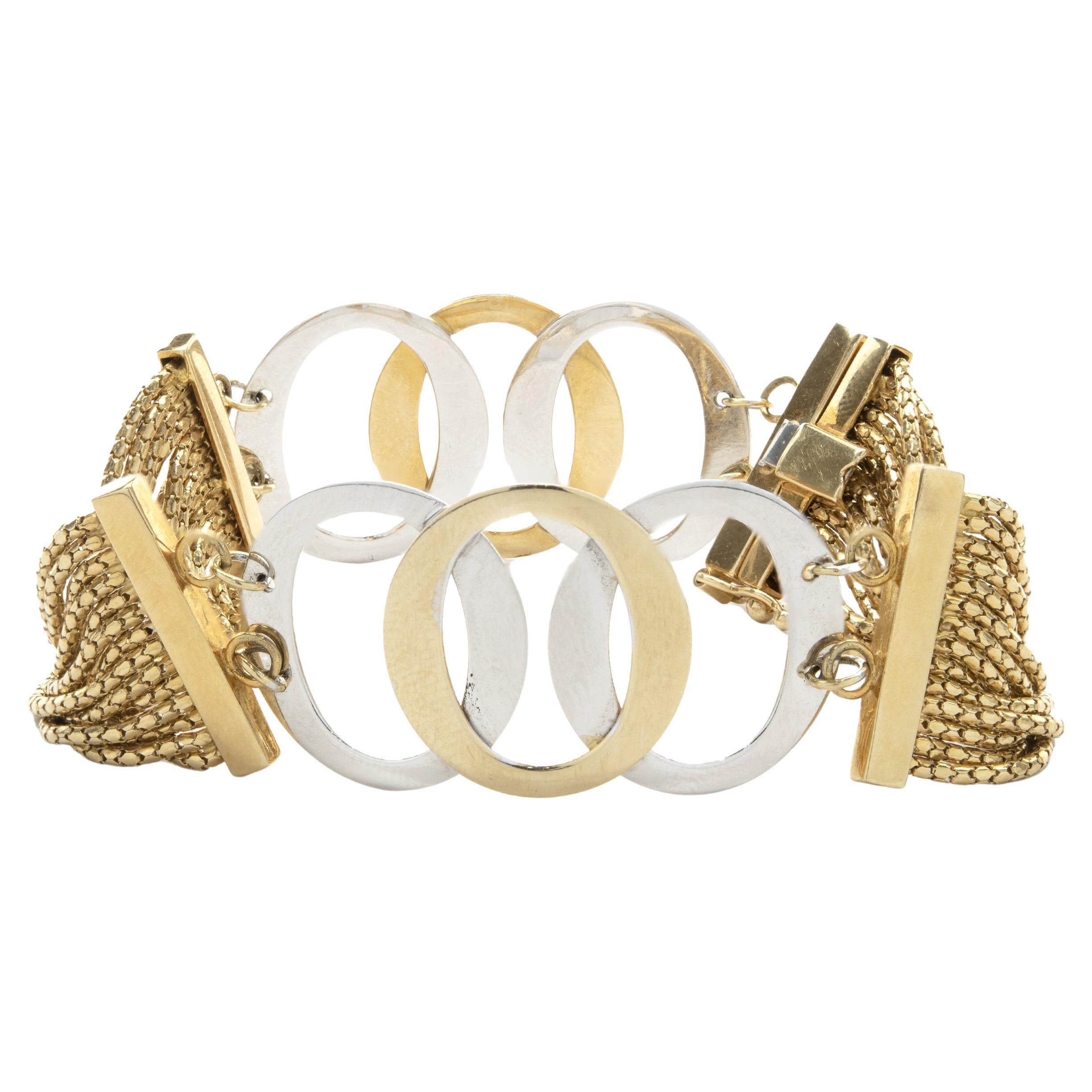 14 Karat Yellow and White Gold Mesh Oval Link Bracelet For Sale