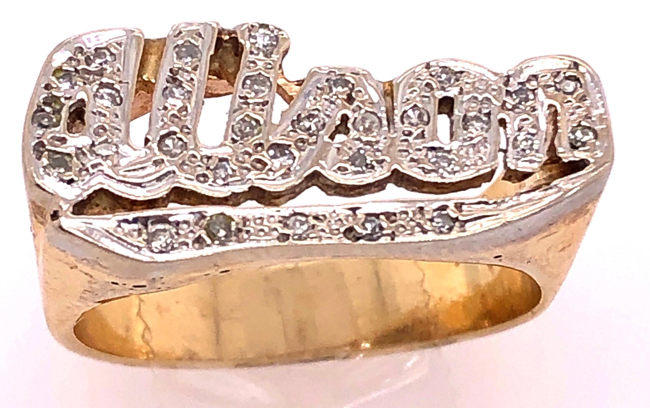 14 Karat Yellow and White Gold Name Alison Signet Ring with Diamonds
Many name rings available simply ask for the name you are looking for and we will inform you should we have it in stock. 
21 piece round diamonds.
Size 7
8 grams total weight.