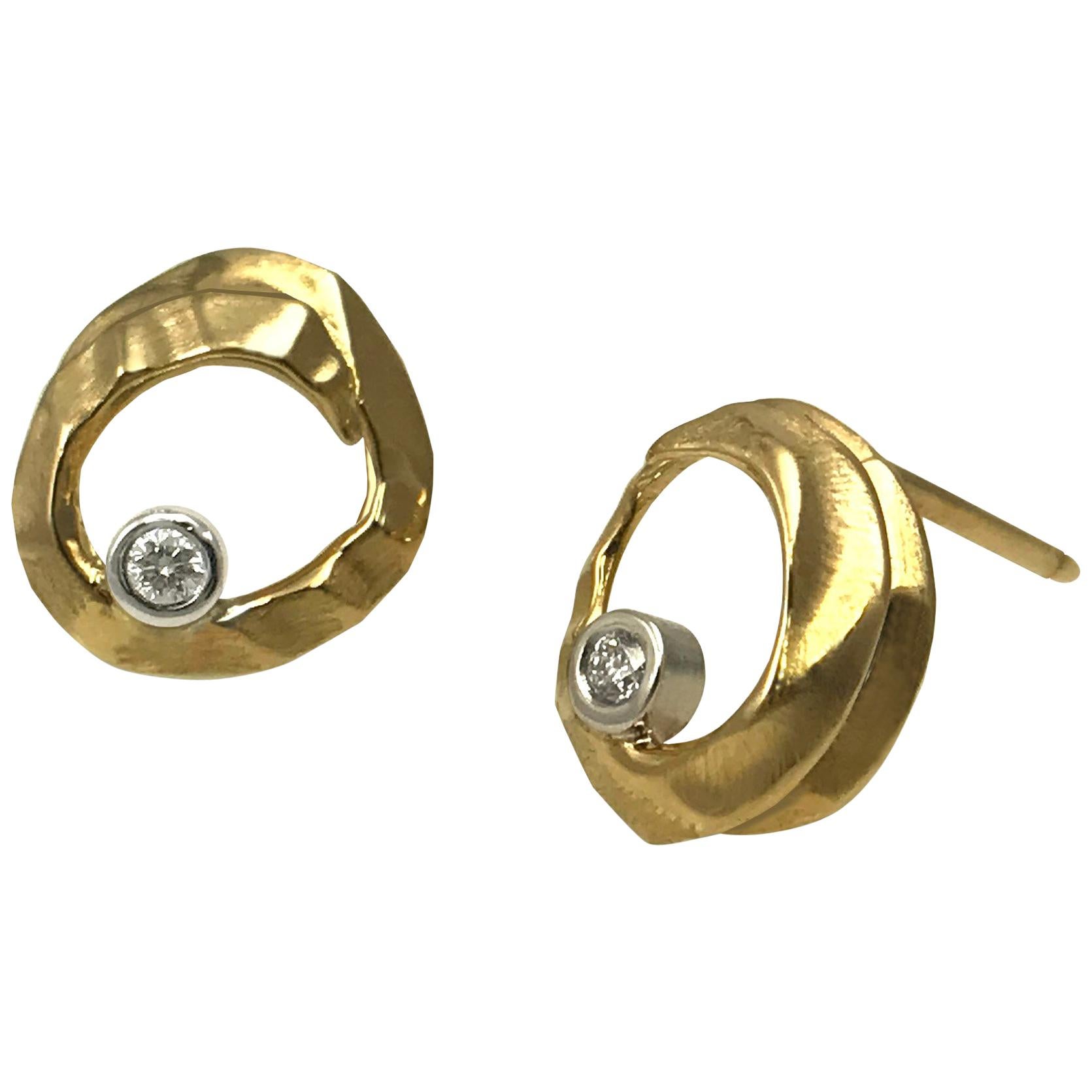 14 Karat Yellow and White Gold Open Stud Earrings with 0.04 Carat Diamonds For Sale