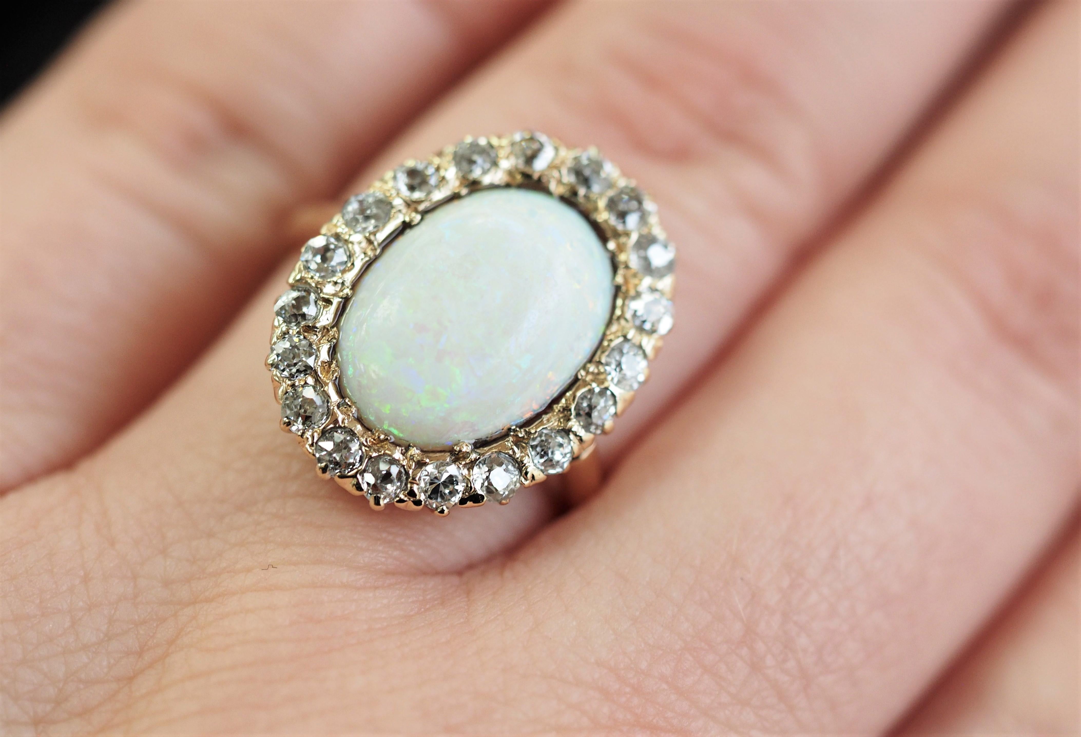 14 Karat Yellow and White Gold Oval Opal and 1 Carat Diamond Cocktail Ring In Excellent Condition For Sale In Addison, TX