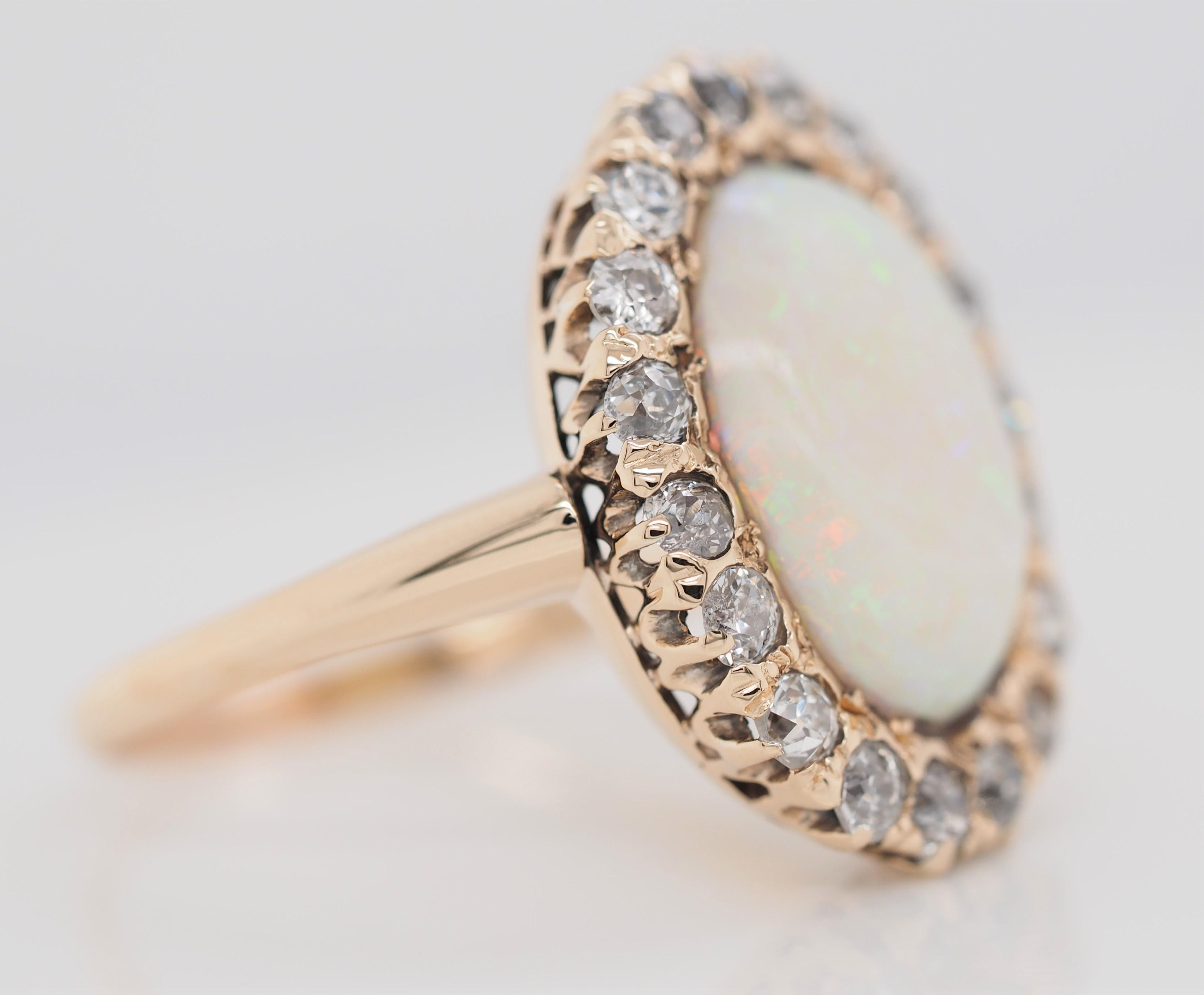 14 Karat Yellow and White Gold Oval Opal and 1 Carat Diamond Cocktail Ring For Sale 1