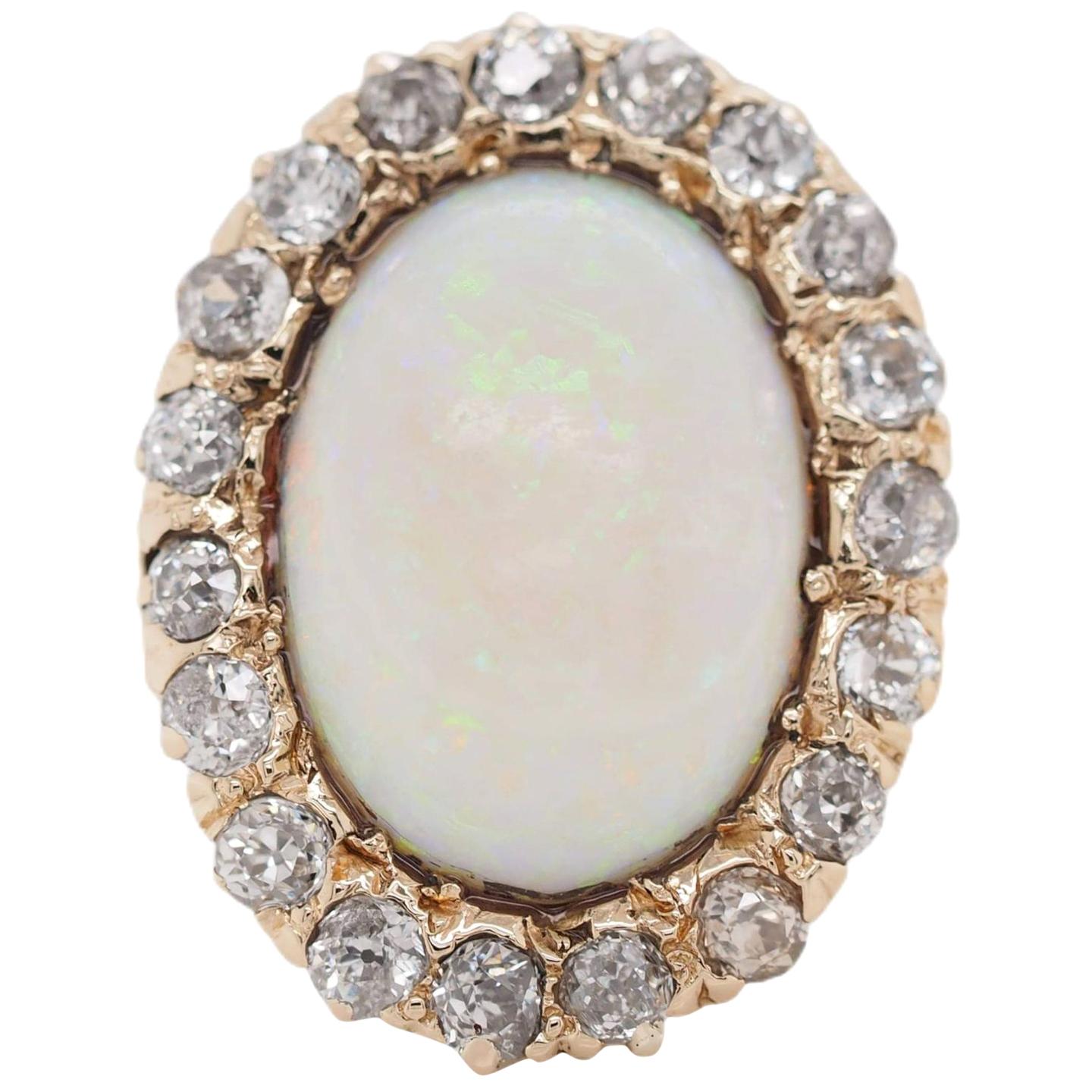 14 Karat Yellow and White Gold Oval Opal and 1 Carat Diamond Cocktail Ring For Sale