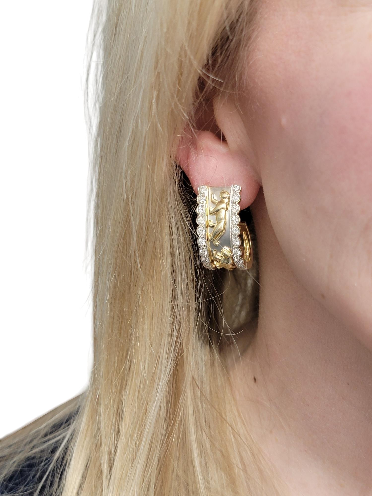 14 Karat Yellow and White Gold Panther Motif J-Hoop Earrings with Diamonds For Sale 4