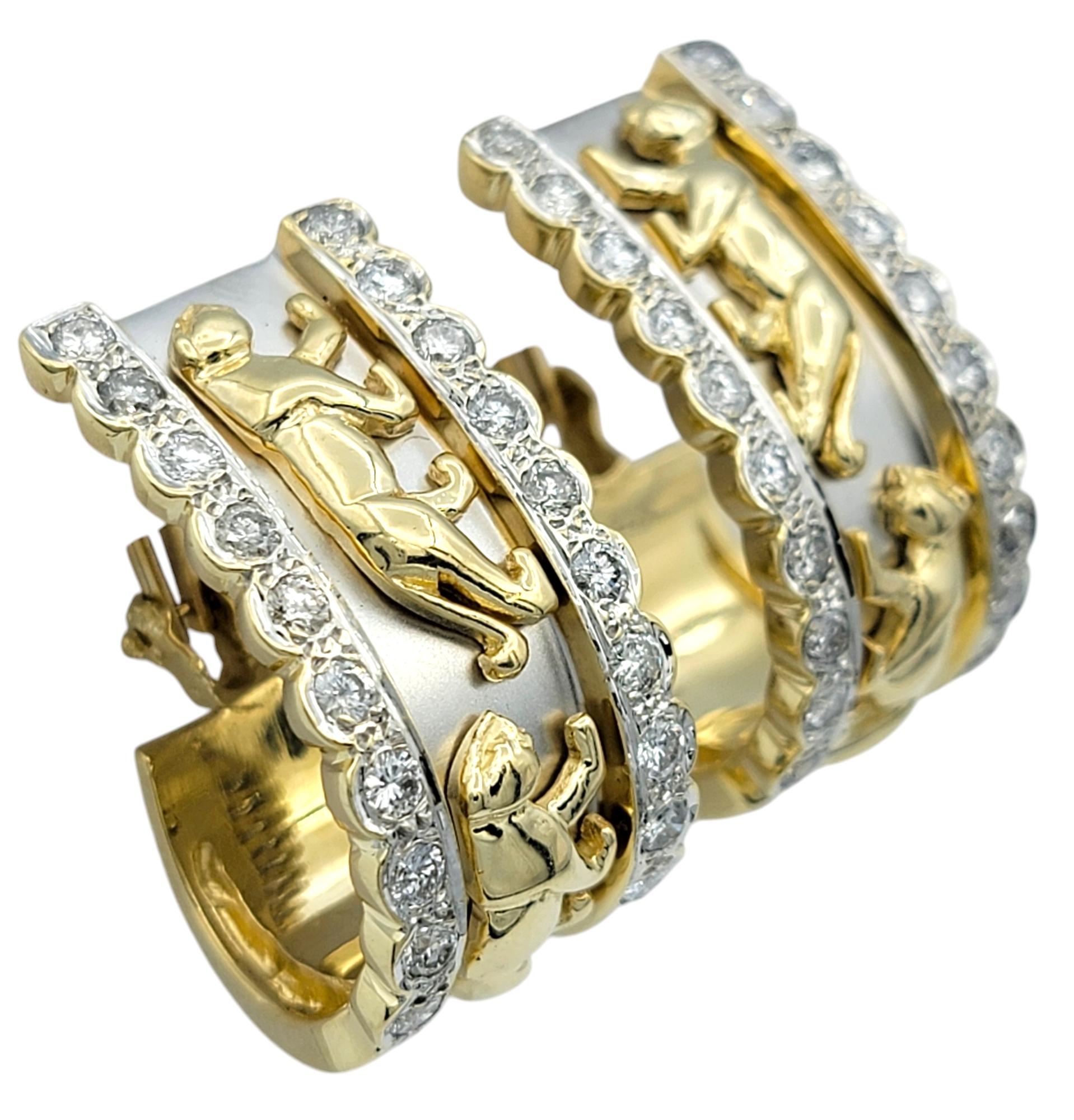 These striking J-hoop earrings are crafted in two-tone 14 karat yellow gold, featuring an stunning panther motif at the center—a symbol of power and protection. Framing the design, two rows of round brilliant-cut diamonds add dazzling brilliance,