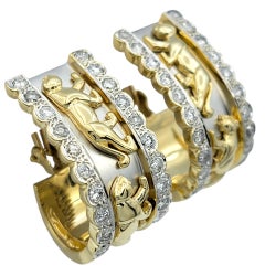 14 Karat Yellow and White Gold Panther Motif J-Hoop Earrings with Diamonds