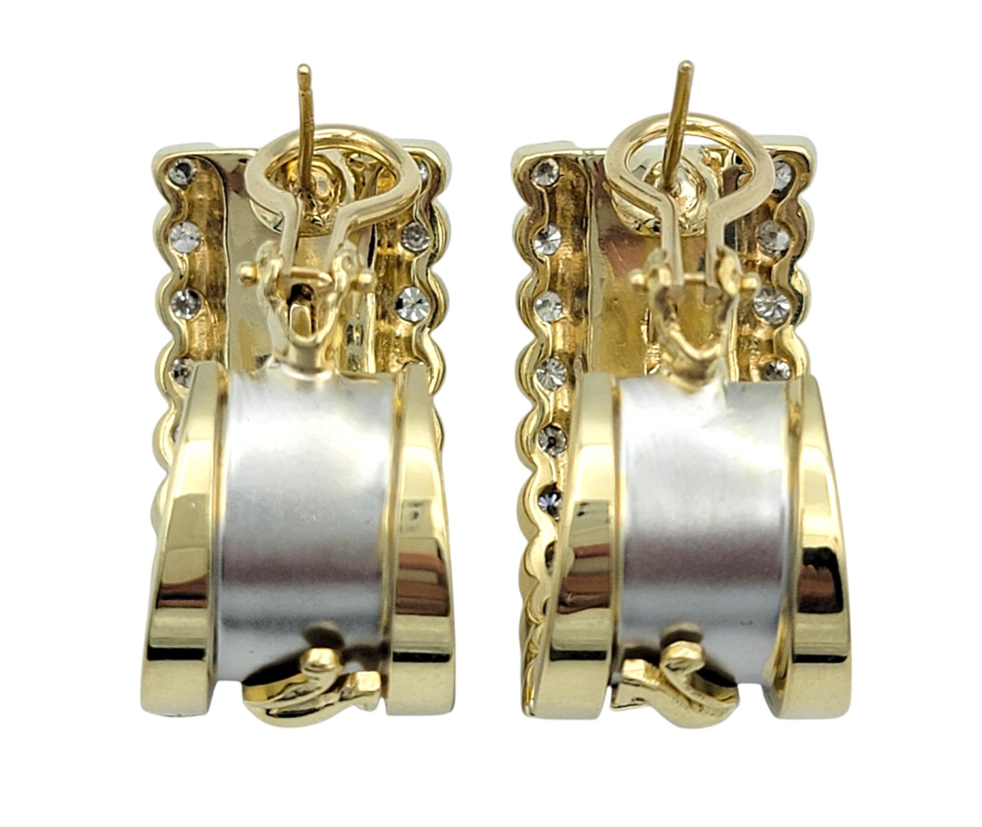 Contemporary 14 Karat Yellow and White Gold Panther Motif J-Hoop Earrings with Diamonds For Sale