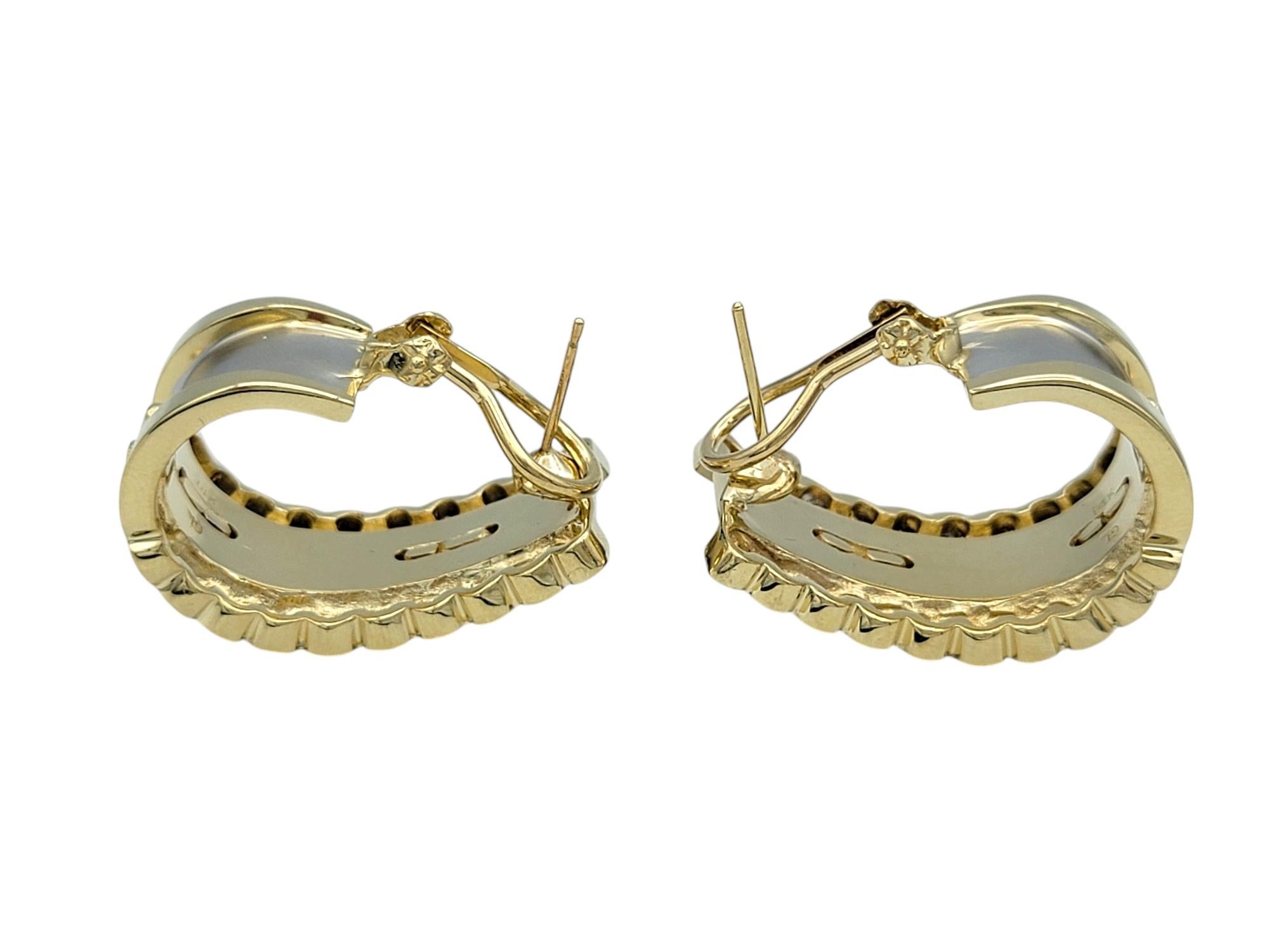 Round Cut 14 Karat Yellow and White Gold Panther Motif J-Hoop Earrings with Diamonds For Sale